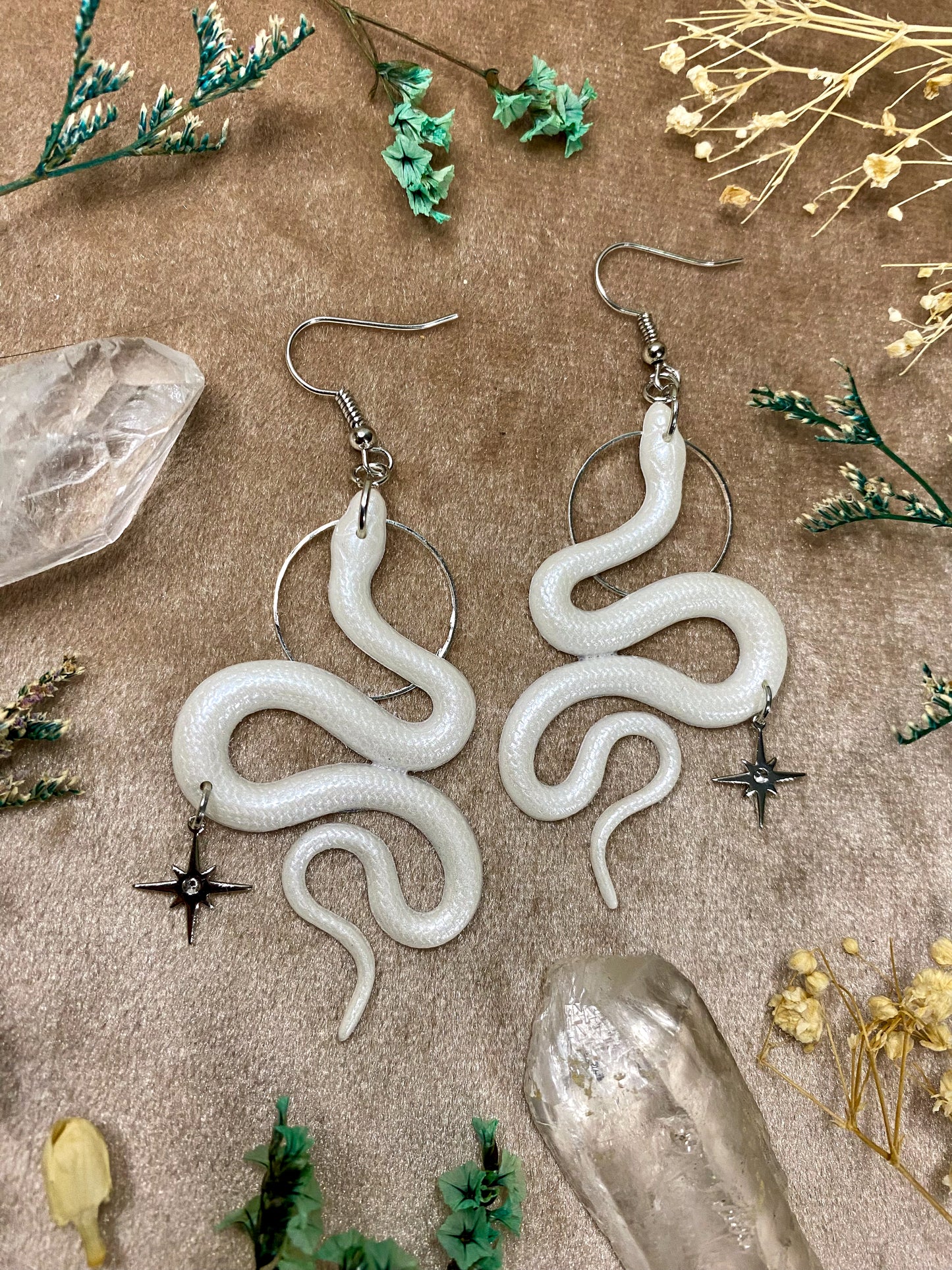 White Silver Snake Earrings