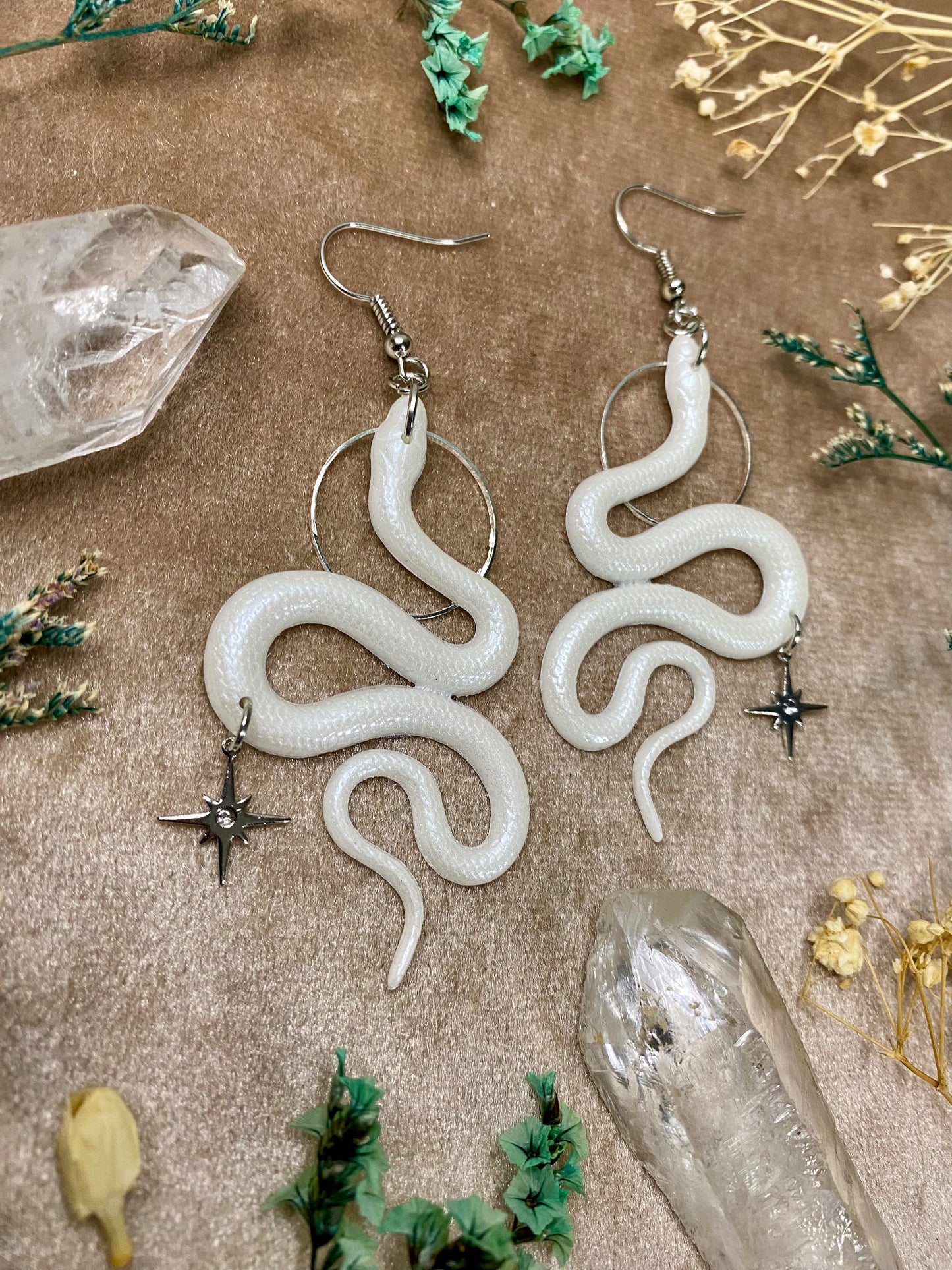 White Silver Snake Earrings