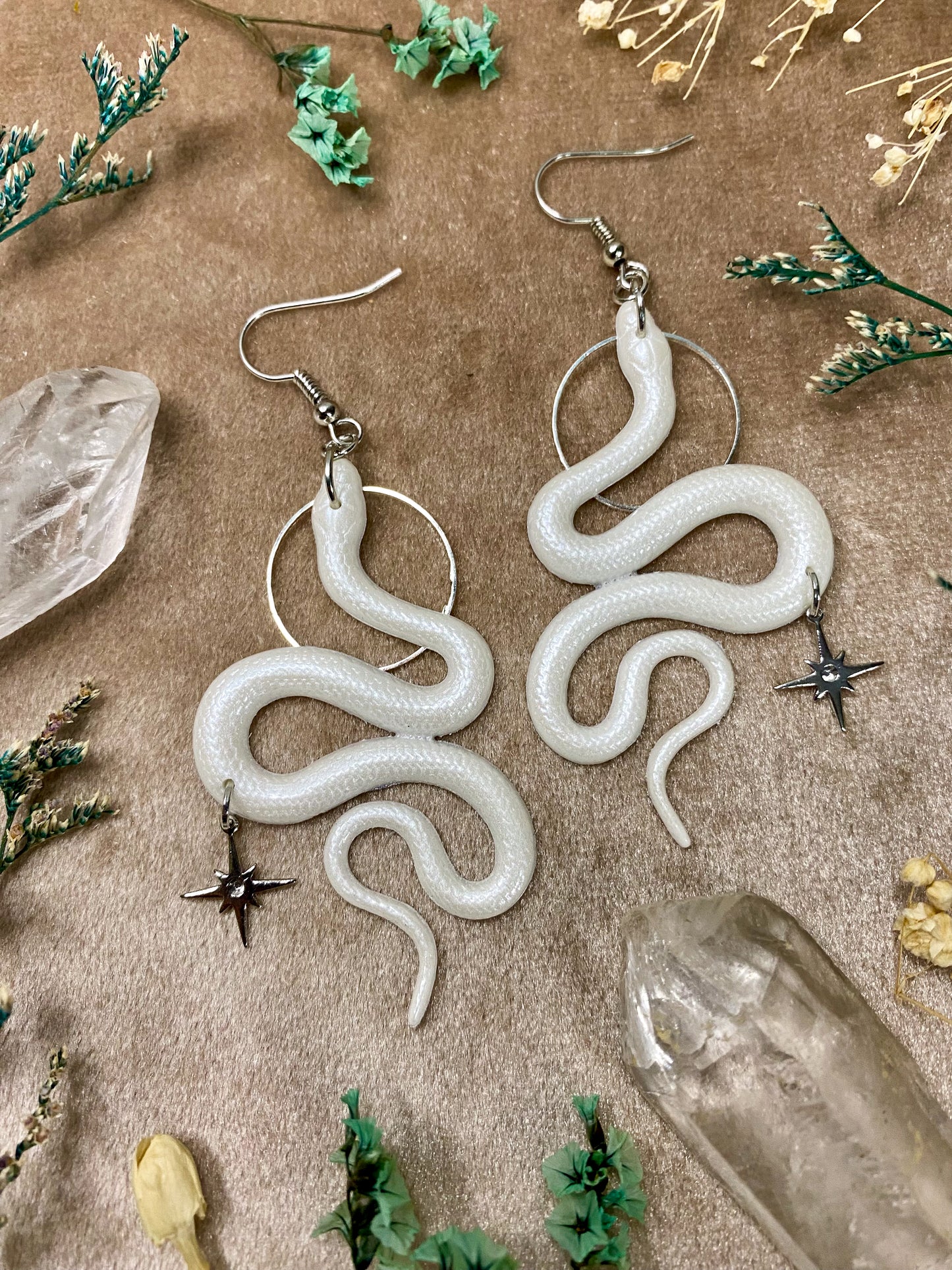 White Silver Snake Earrings