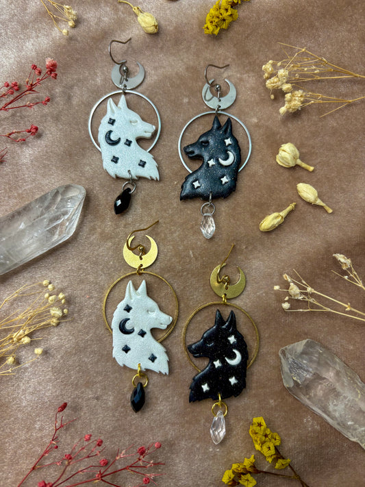 Black and White Wolf Earrings