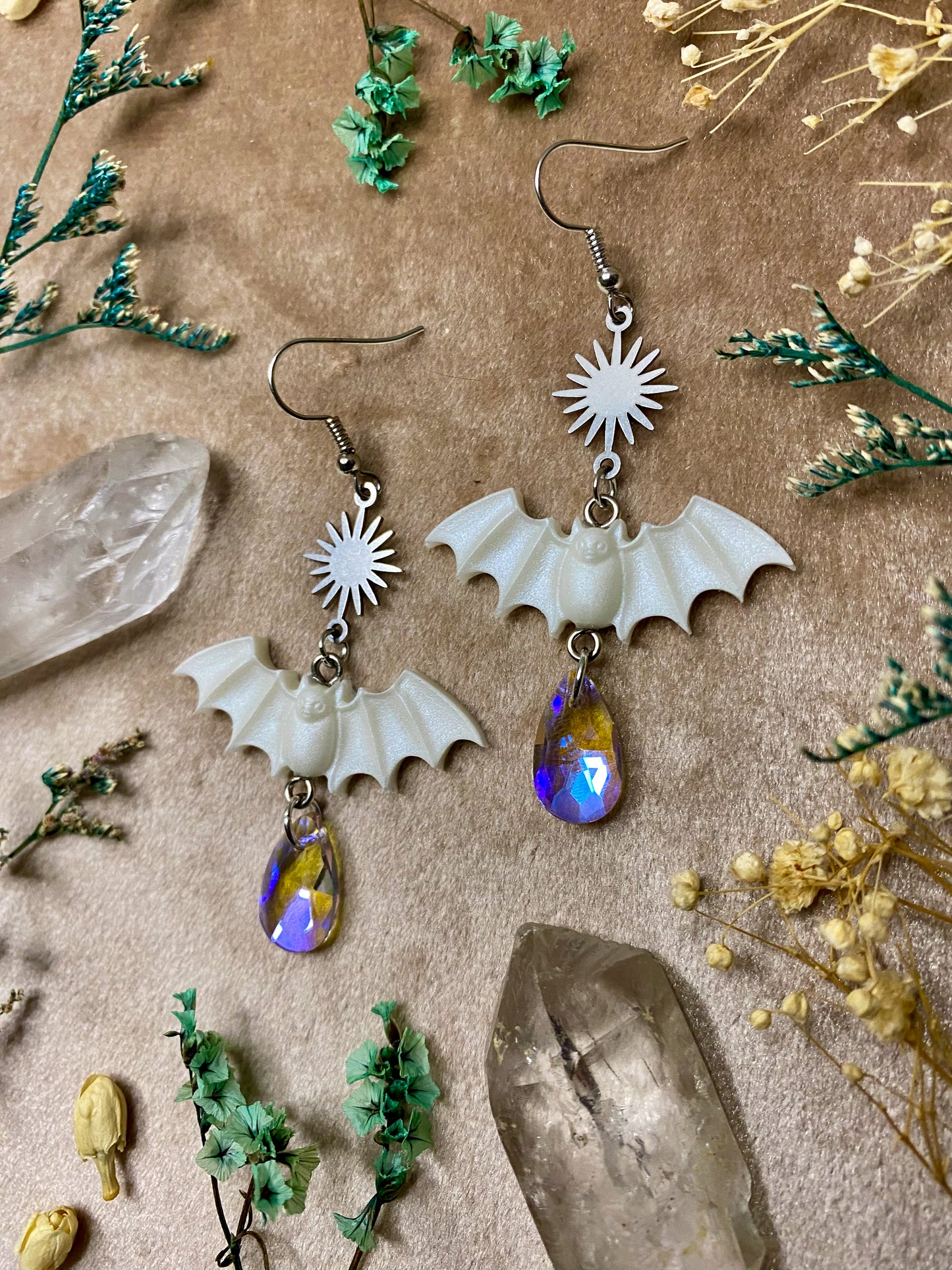 white resin bat dangle earrings