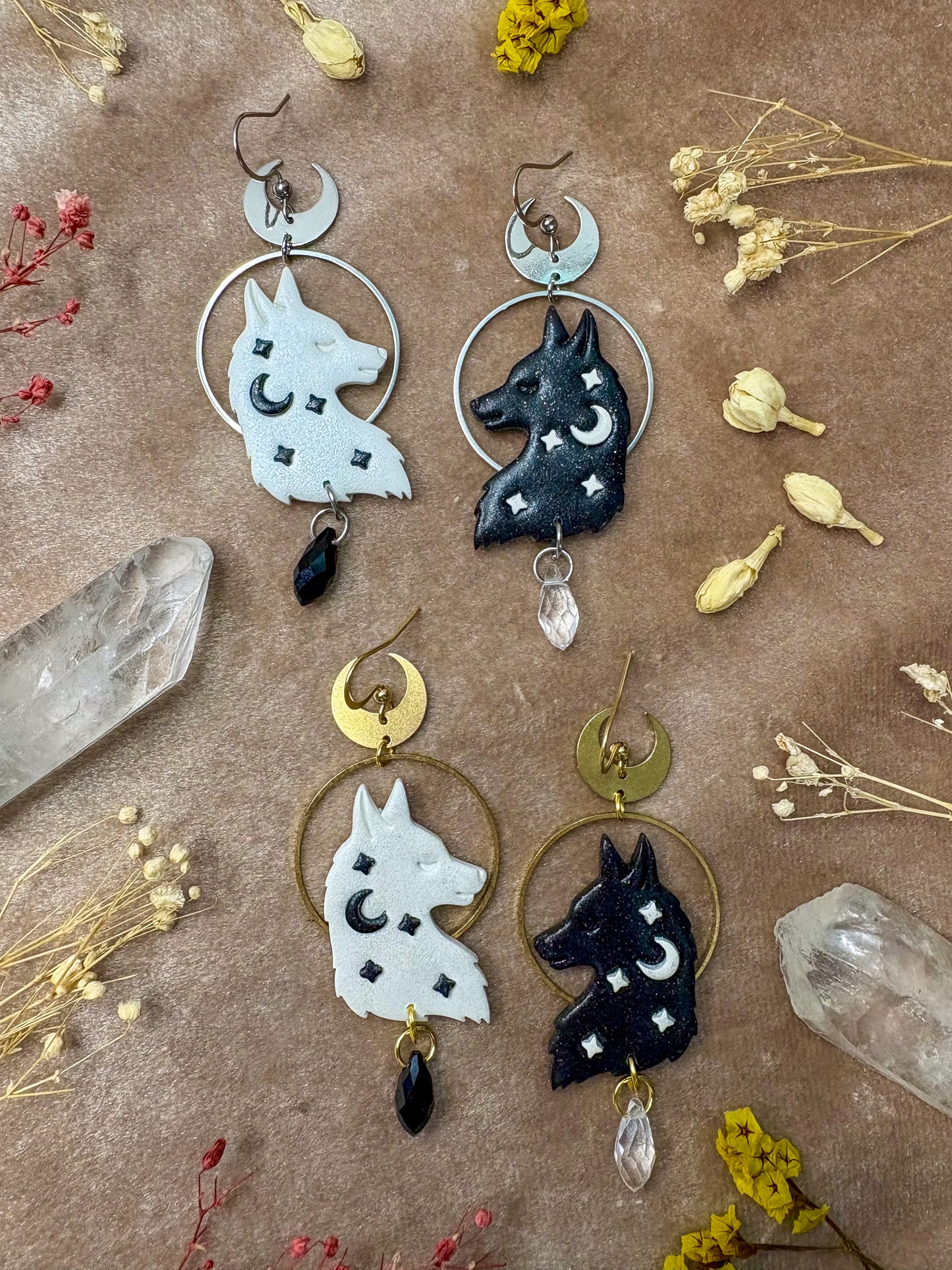 Black and White Wolf Earrings