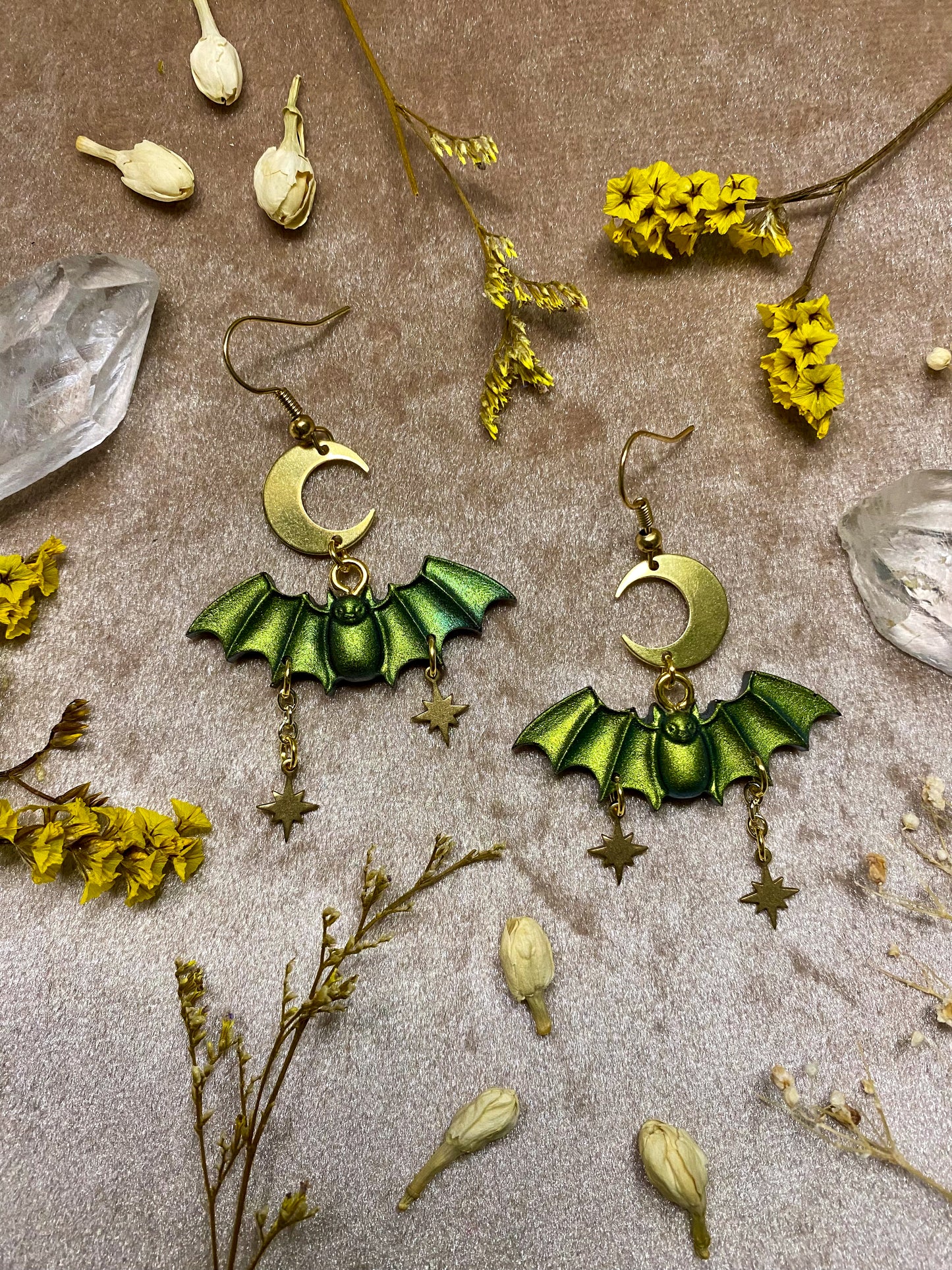 green resin bat dangle celestial earrings