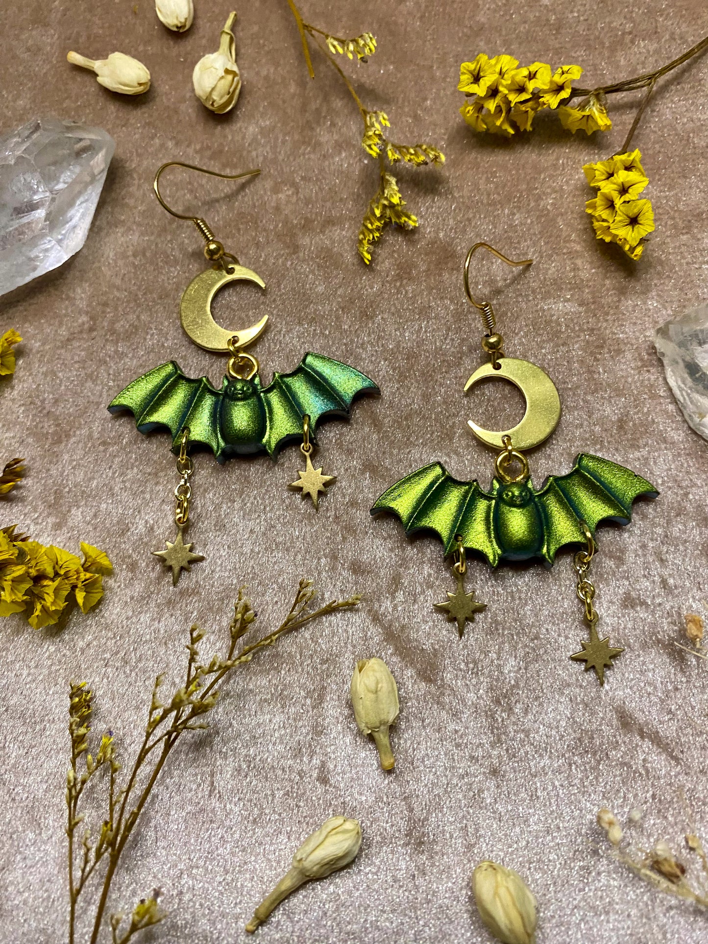 Green Starry Bat Earrings