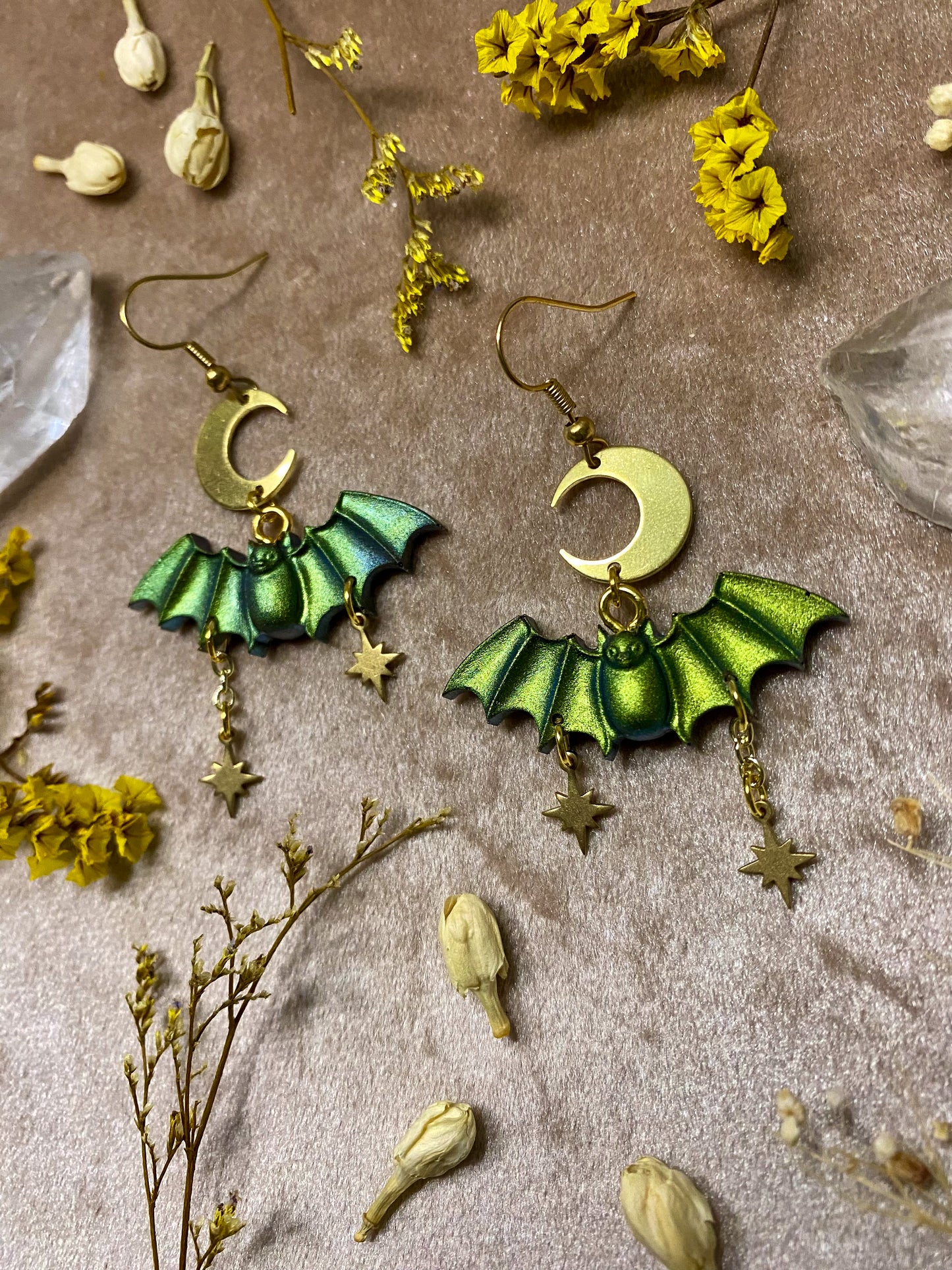 Green Starry Bat Earrings