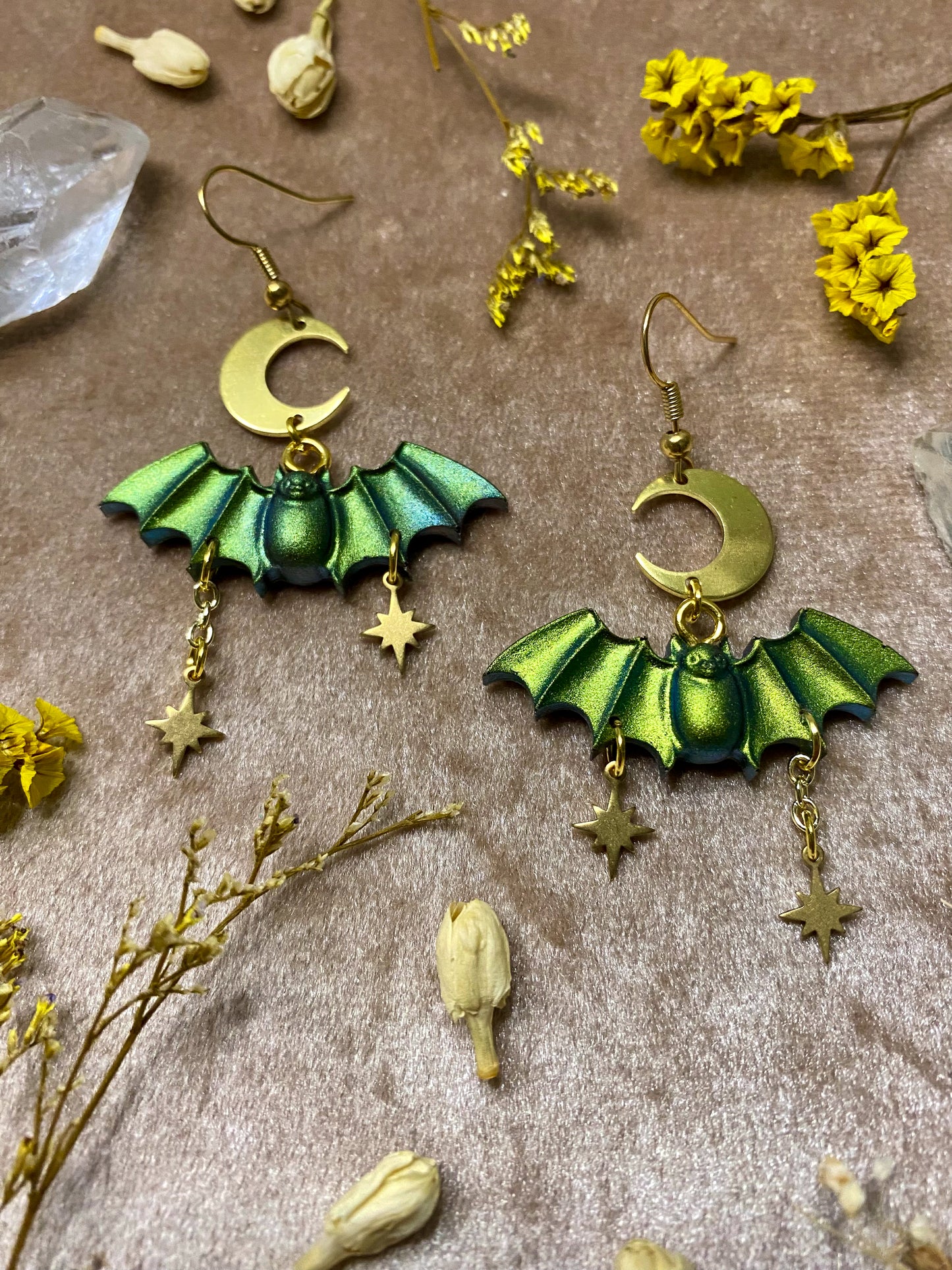 Green Starry Bat Earrings