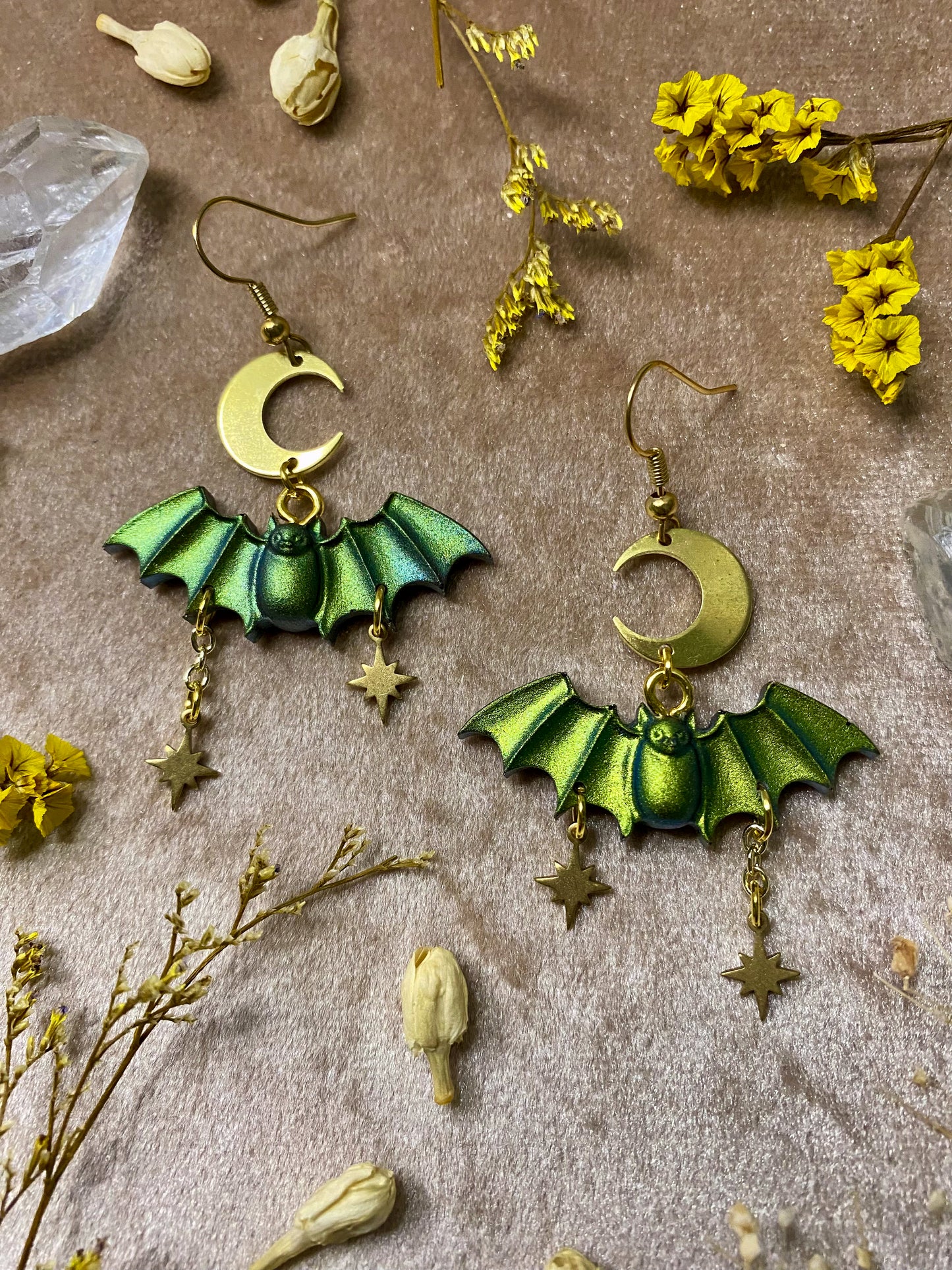 Green Starry Bat Earrings