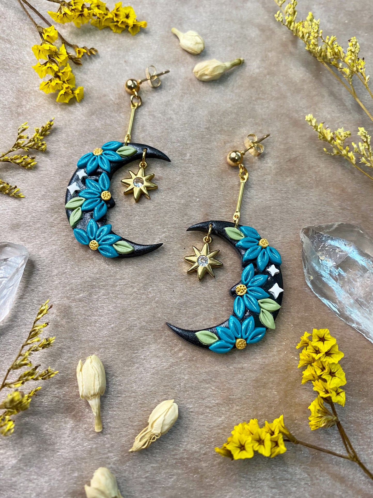 Teal Floral Moon Earrings