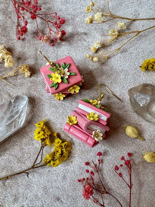 Floral Book Stack Earrings (Pink)