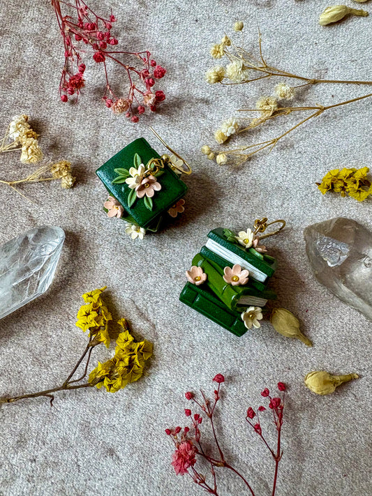 Floral Book Stack Earrings (Green)