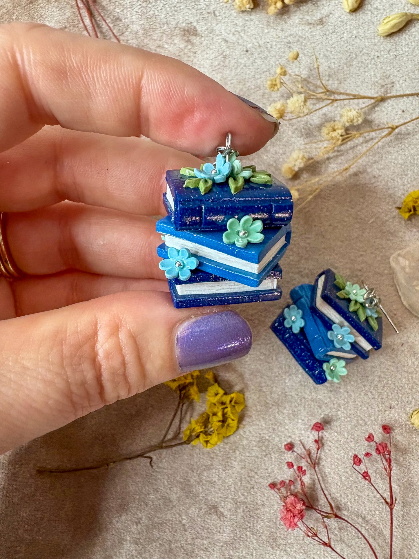 Floral Book Stack Earrings (Blue)