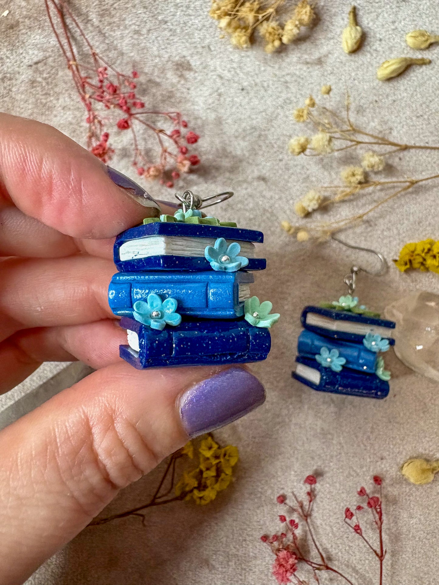 Floral Book Stack Earrings (Blue)
