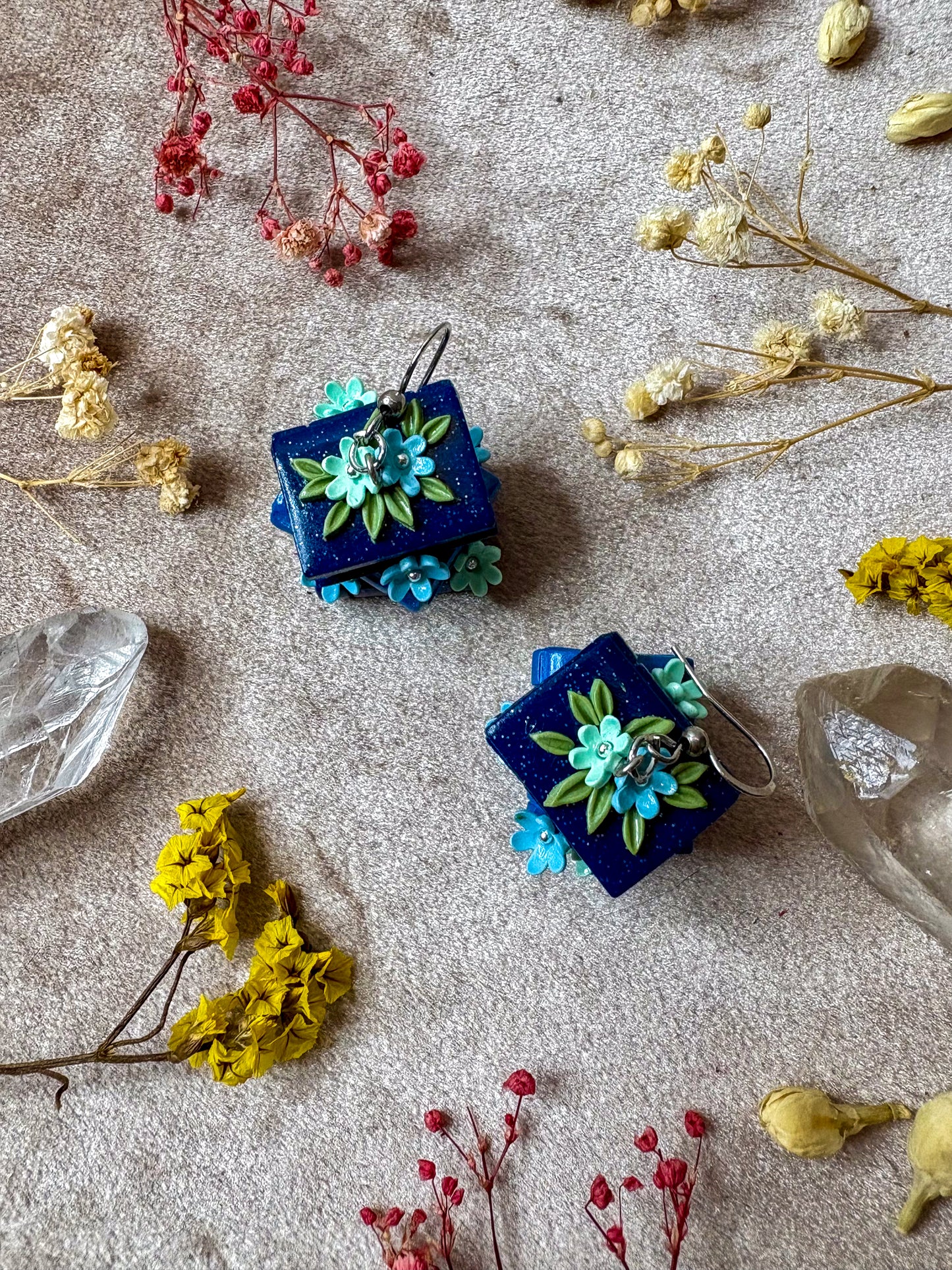 Floral Book Stack Earrings (Blue)