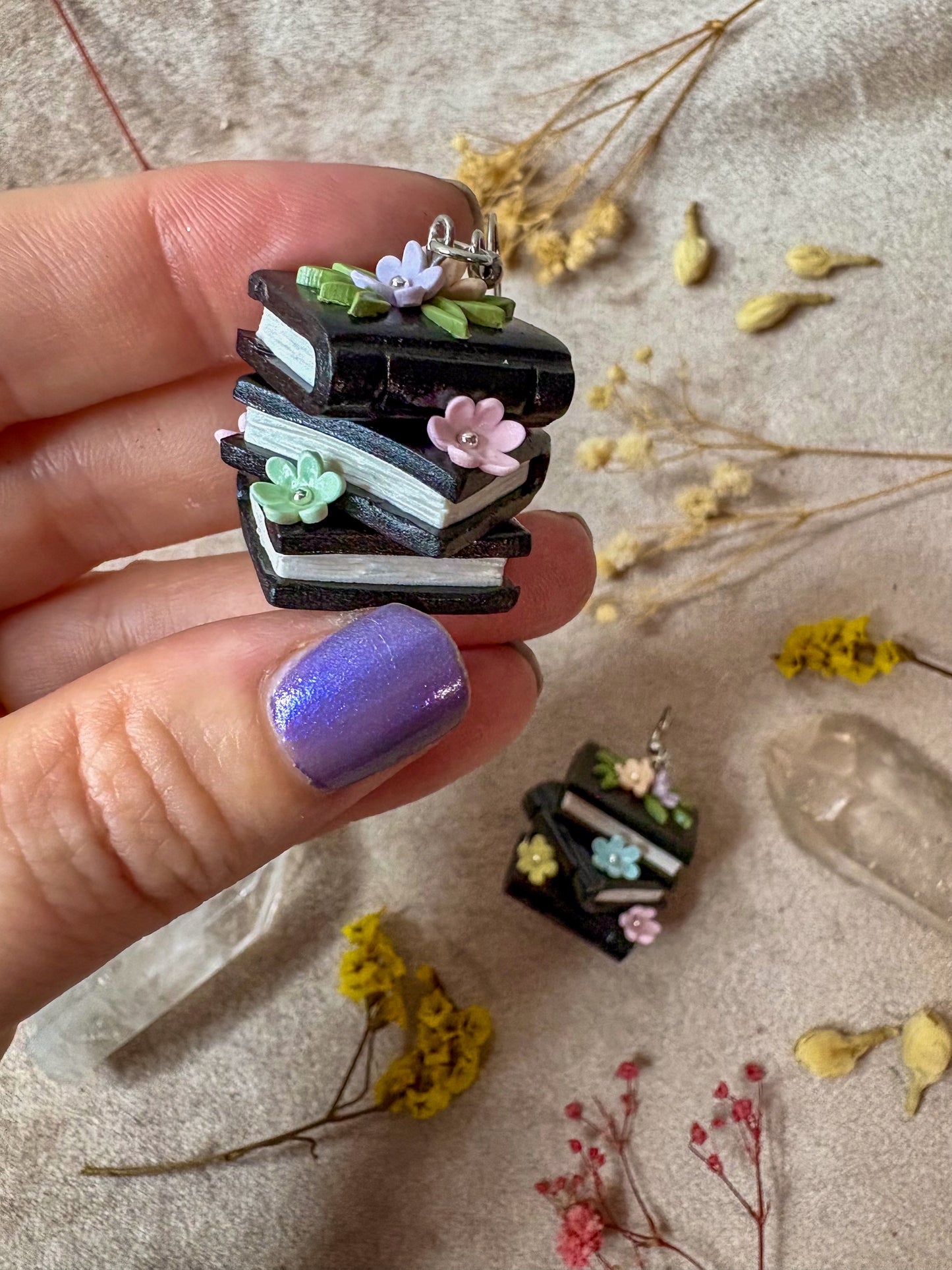 Silver Floral Book Stack Earrings (Black with Pastel Rainbow)