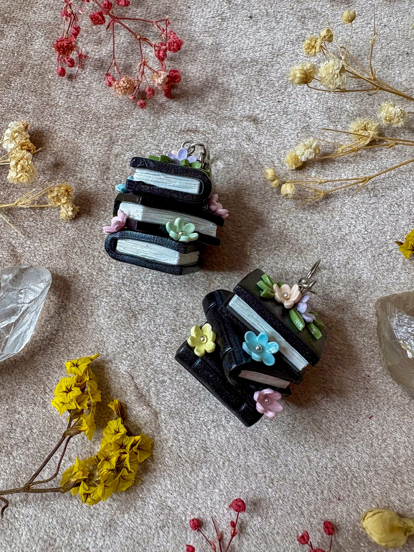 Silver Floral Book Stack Earrings (Black with Pastel Rainbow)