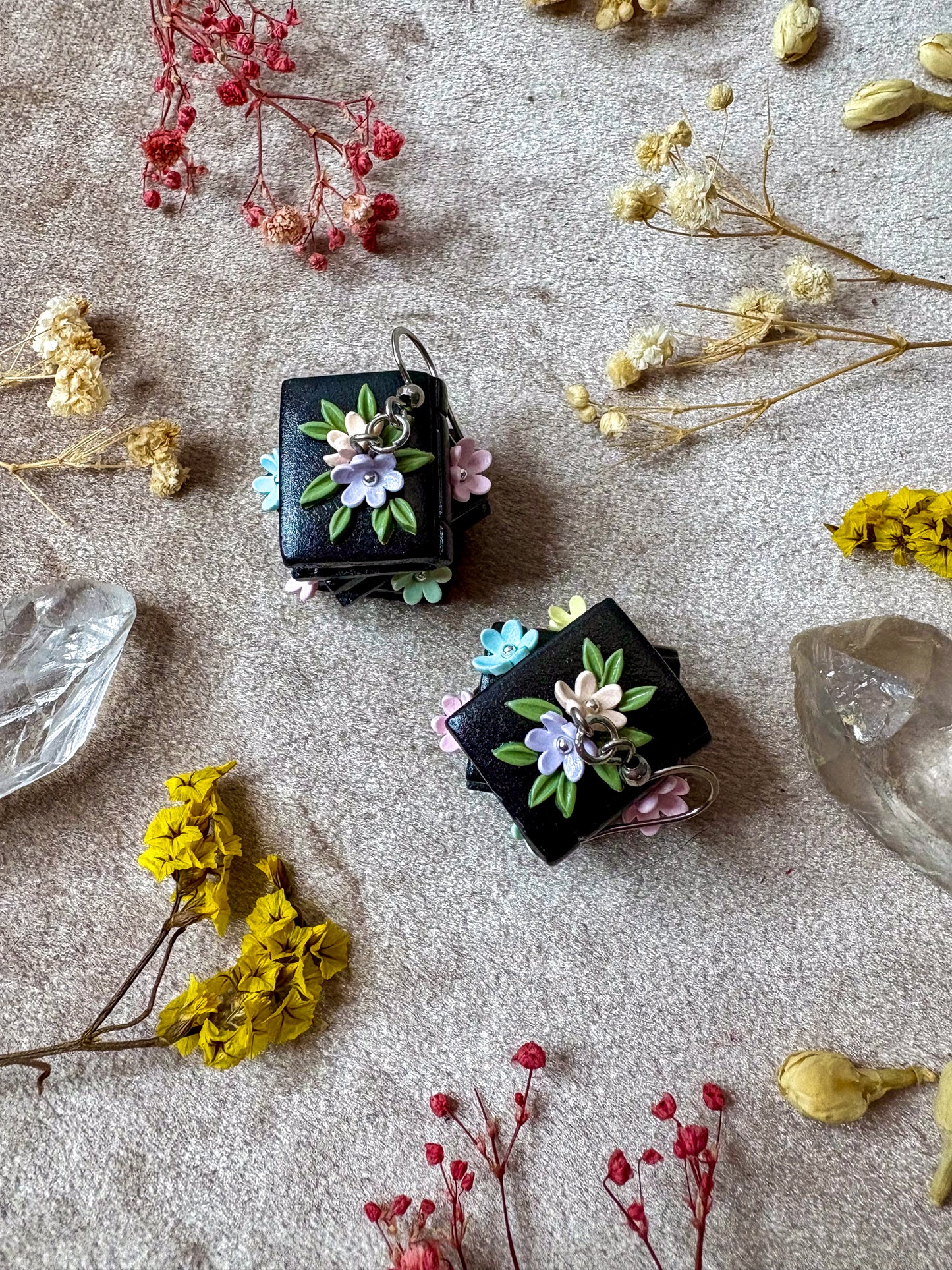 Silver Floral Book Stack Earrings (Black with Pastel Rainbow)