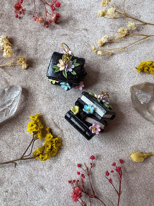 Gold Floral Book Stack Earrings (Black with Pastel Rainbow)