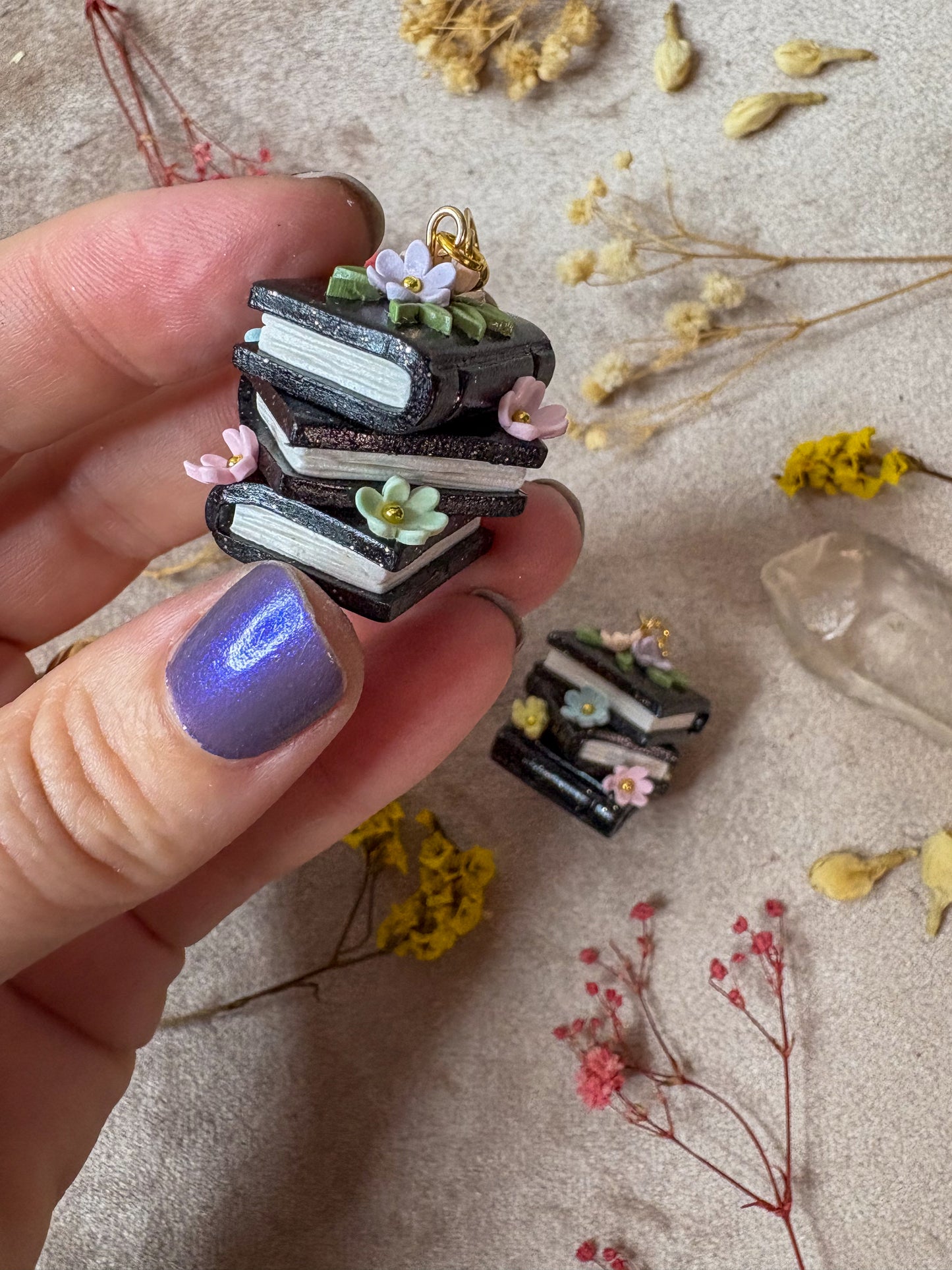 Gold Floral Book Stack Earrings (Black with Pastel Rainbow)