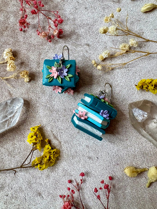 Floral Book Stack Earrings (Teal)