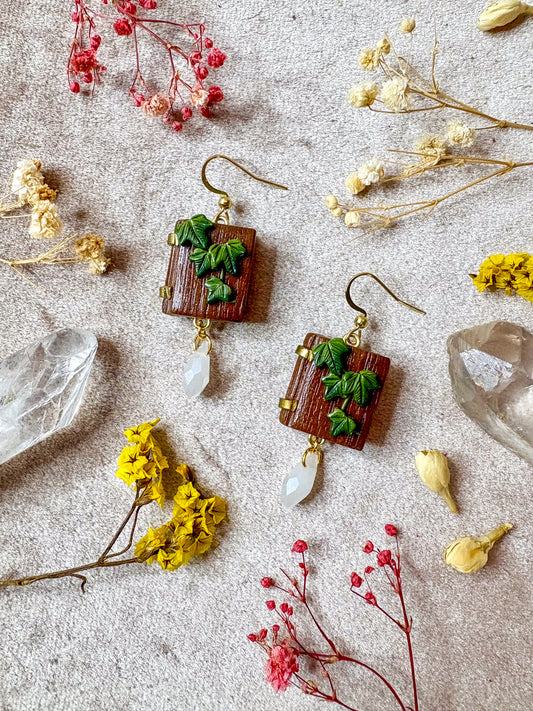 Wooden Book with Leaves Earrings