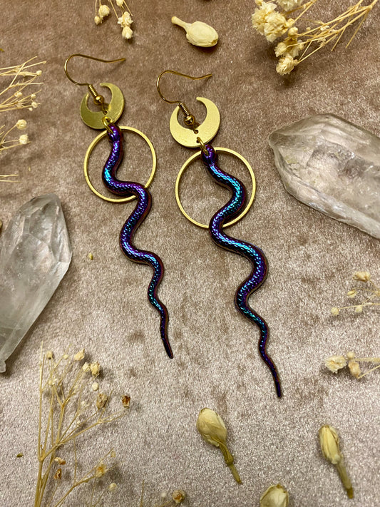 iridescent and color shift resin snake dangle earrings