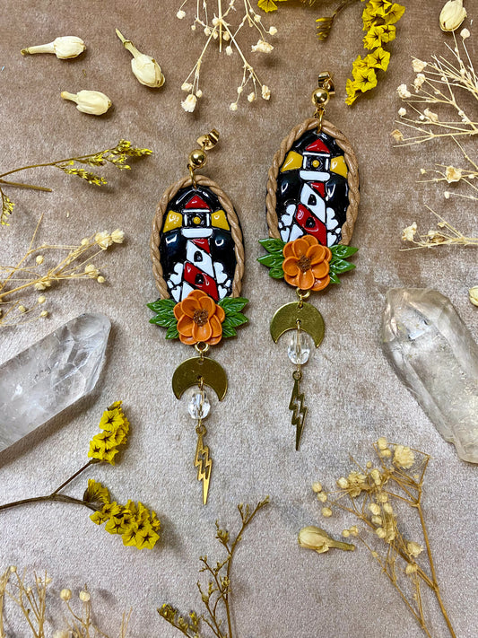 polymer clay and resin tattoo inspired dangle earrings