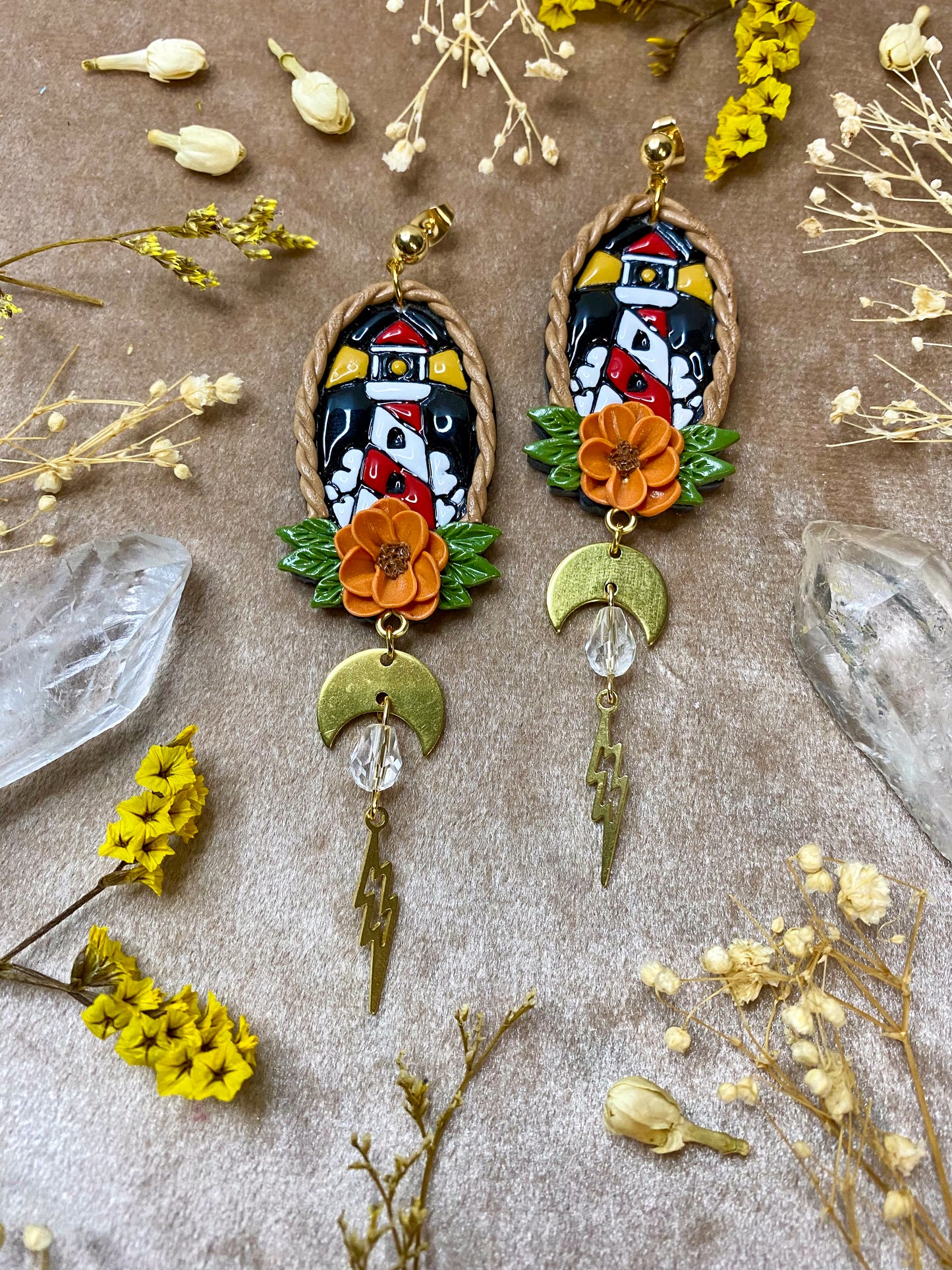 Orange Flower and Lighthouse Frame Earrings