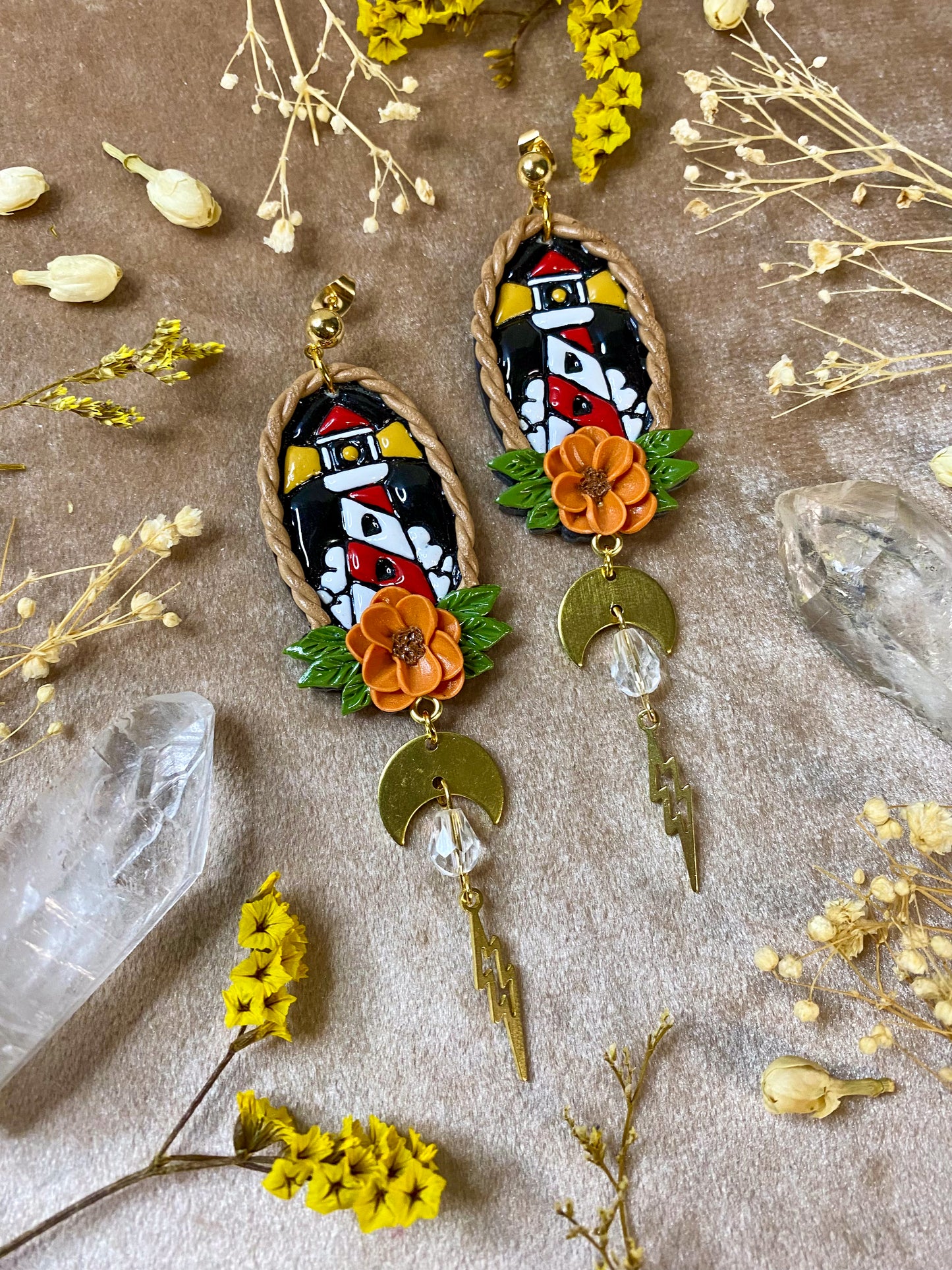 Orange Flower and Lighthouse Frame Earrings