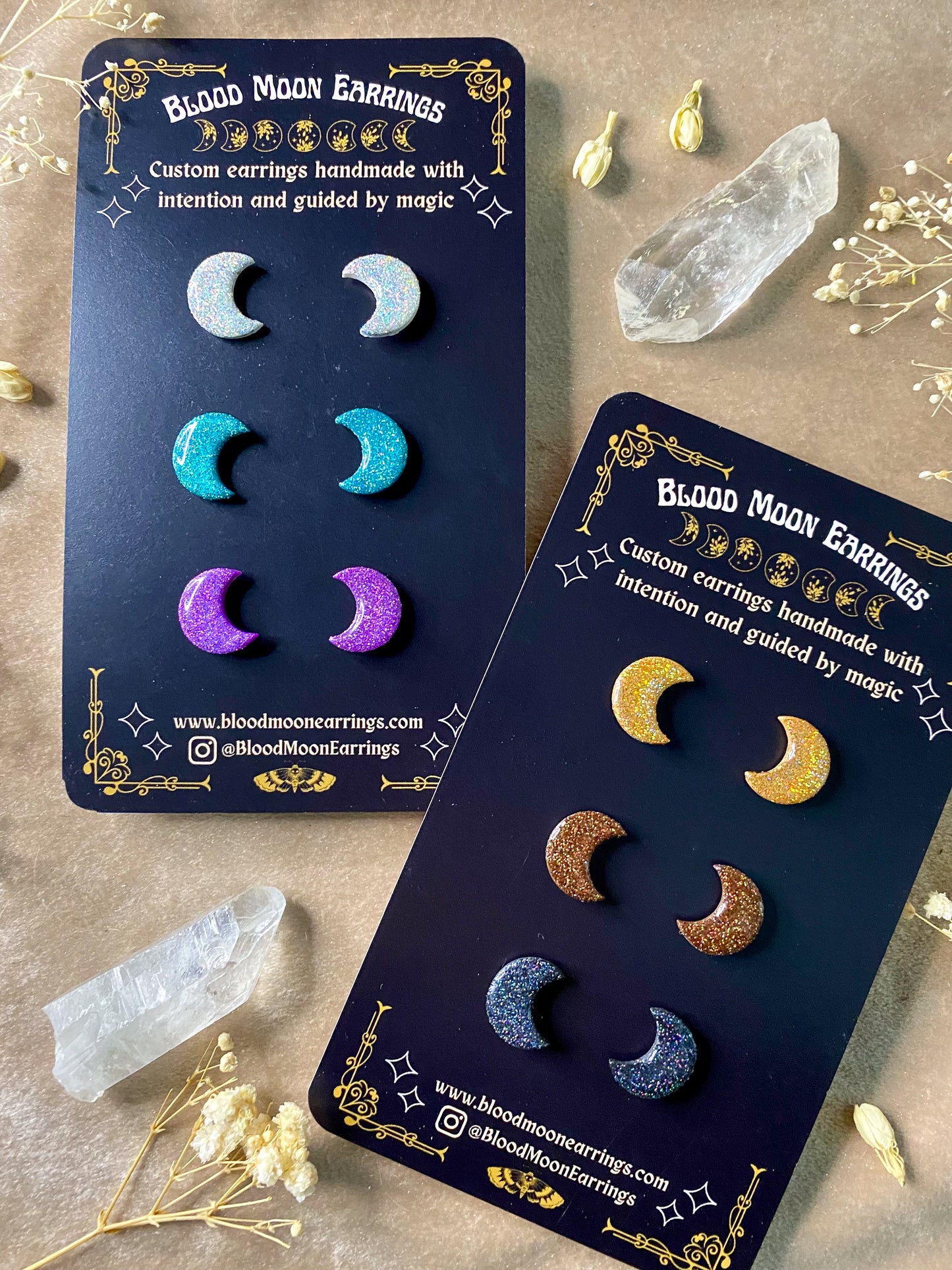 polymer clay and resin holographic moon stud earrings