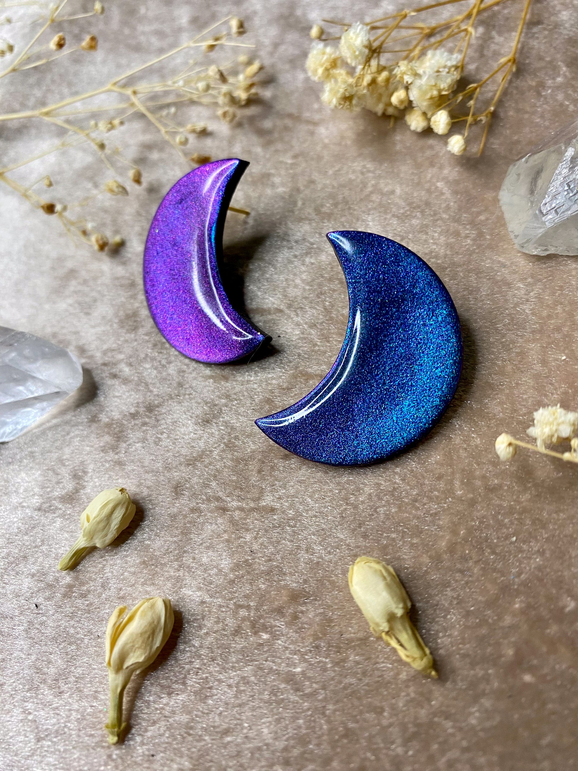 polymer clay and resin moon stud earring color shift