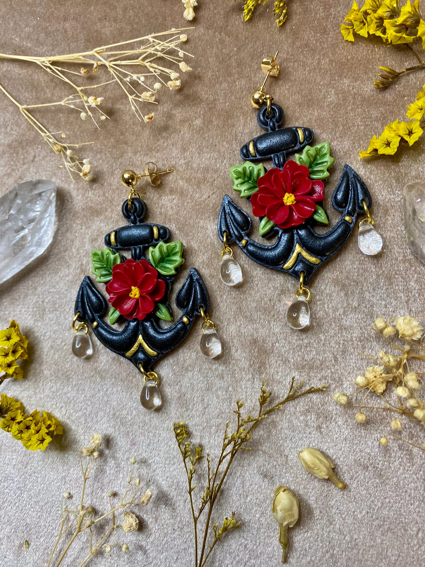 Black Floral Anchor Earrings