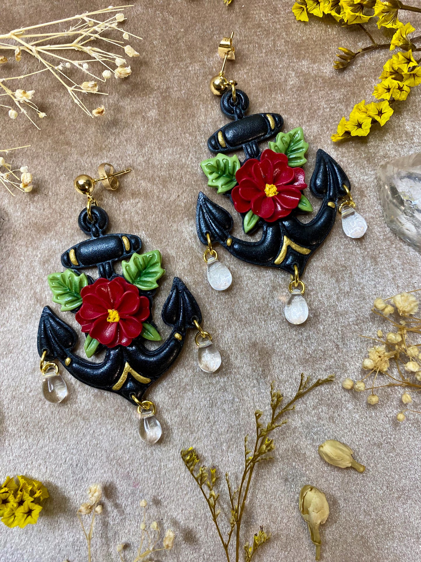 Black Floral Anchor Earrings