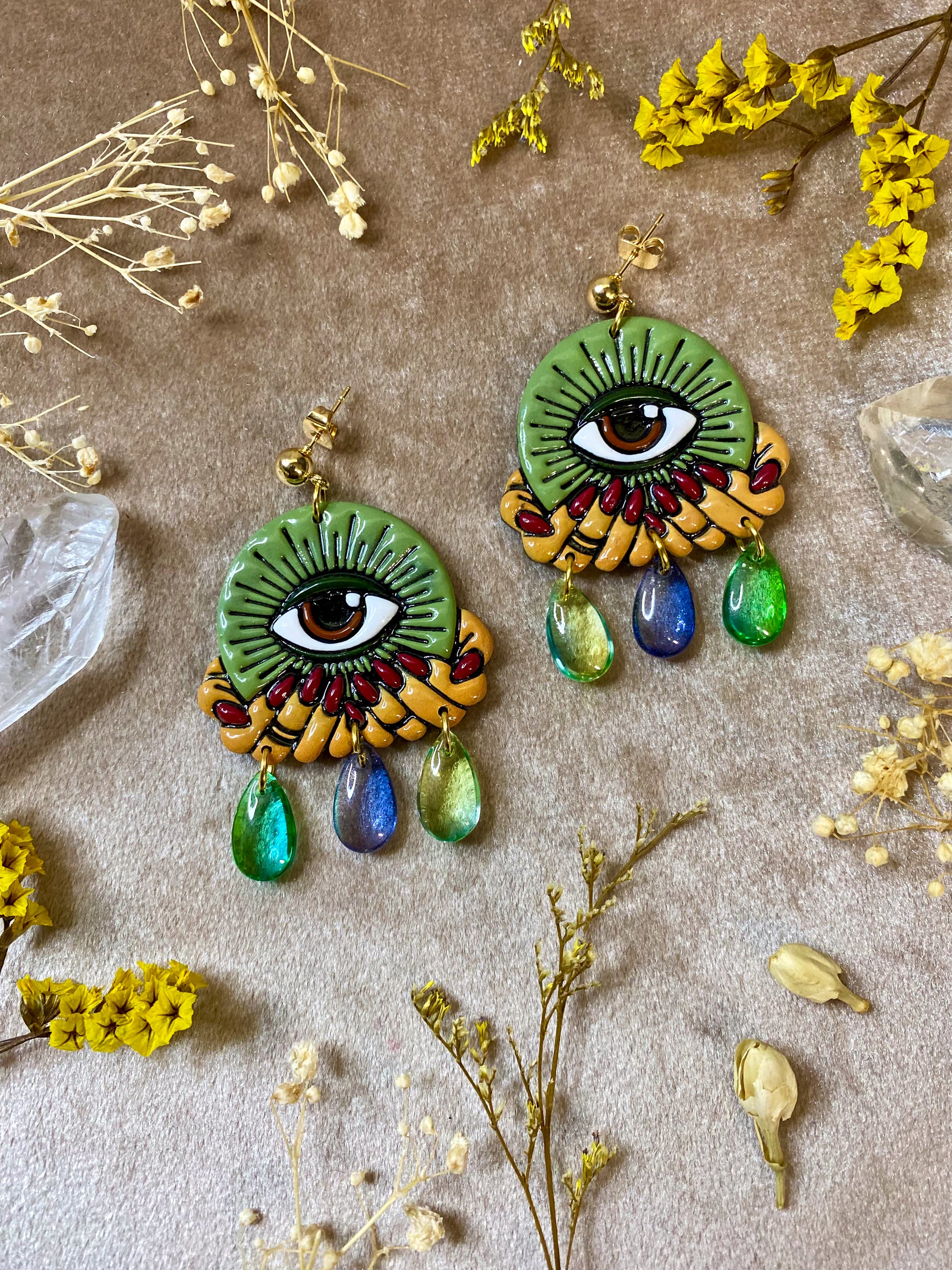 green crystal eye ball polymer clay and resin tattoo inspired dangle earrings