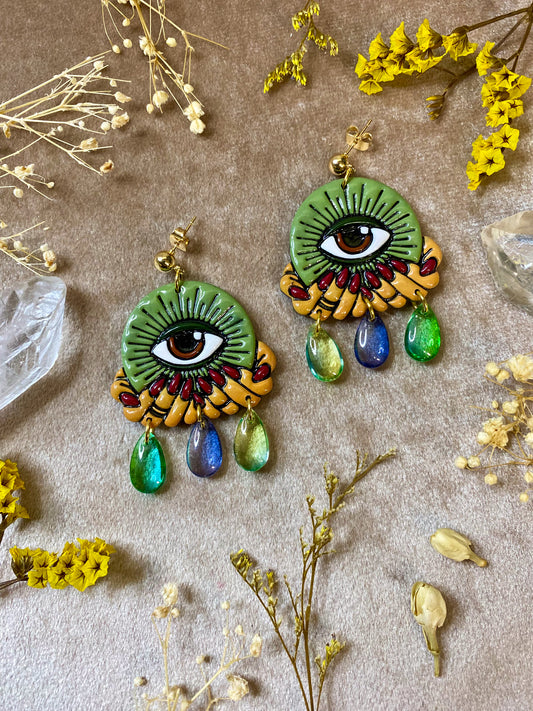 green crystal eye ball polymer clay and resin tattoo inspired dangle earrings