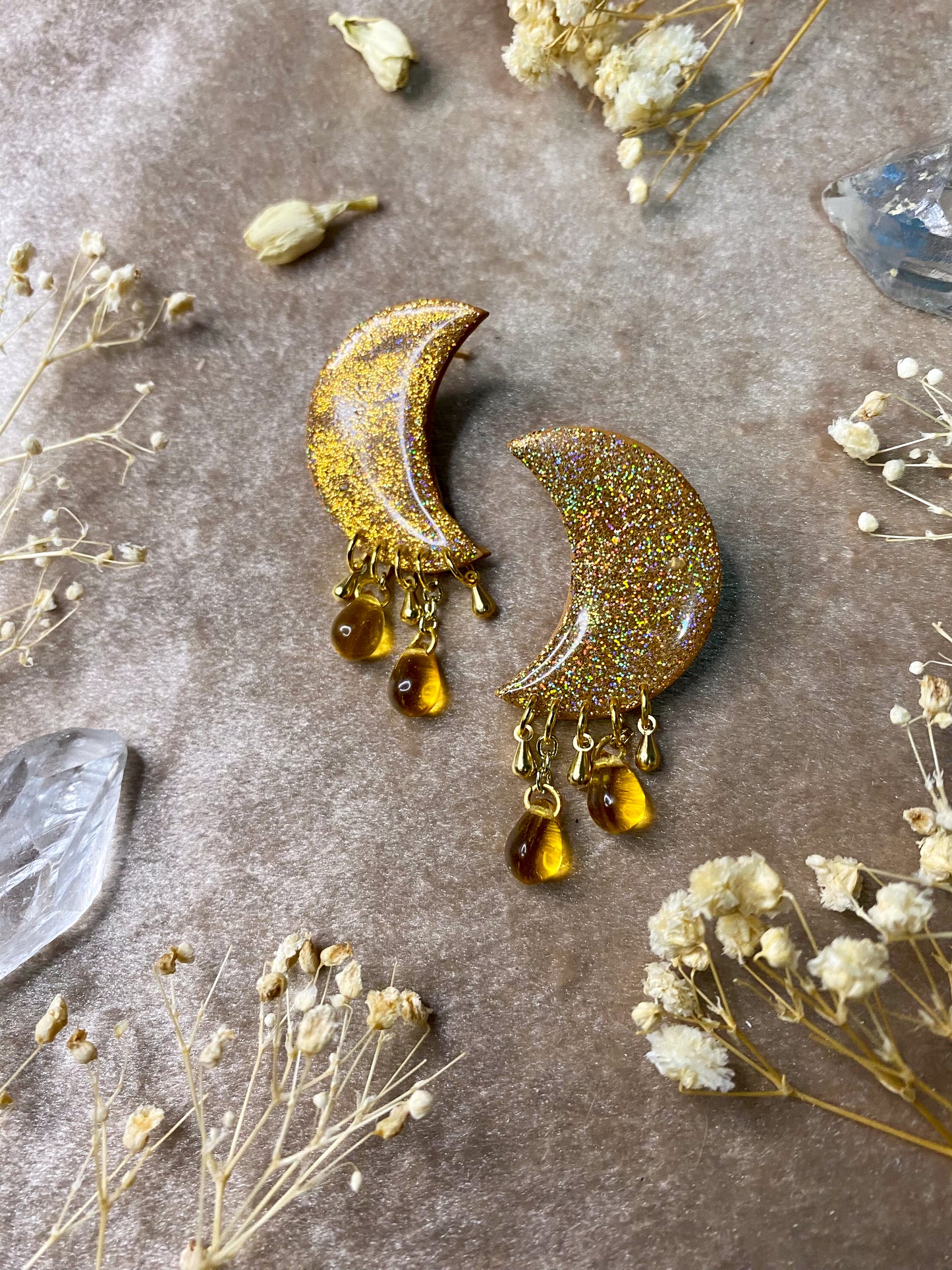 Gold Holographic Moon Stud Dangle Earrings