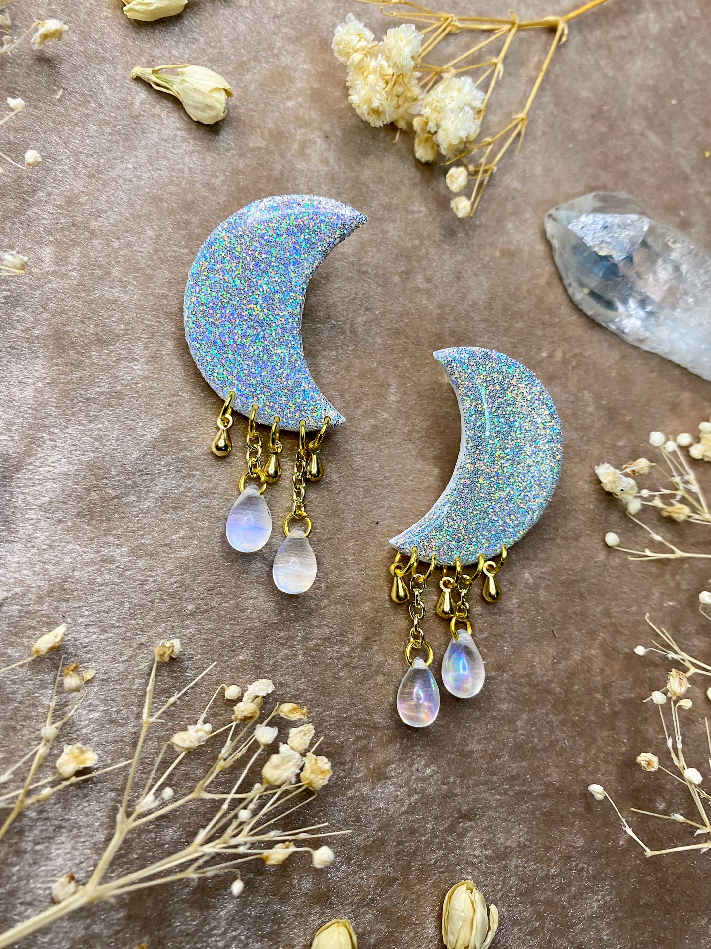 White Holographic Moon Stud Dangle Earrings