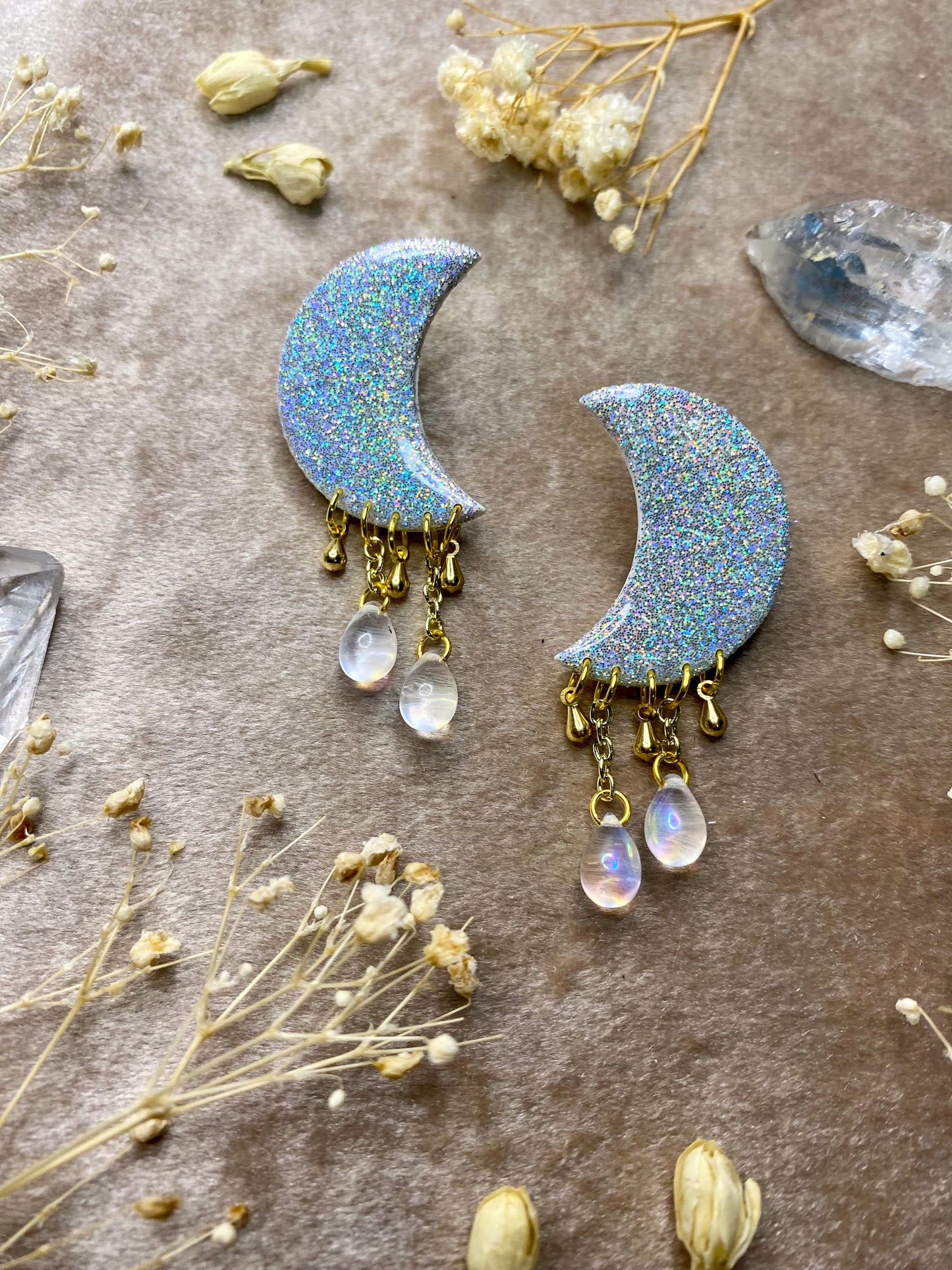 polymer clay and resin holographic moon stud dangle earrings