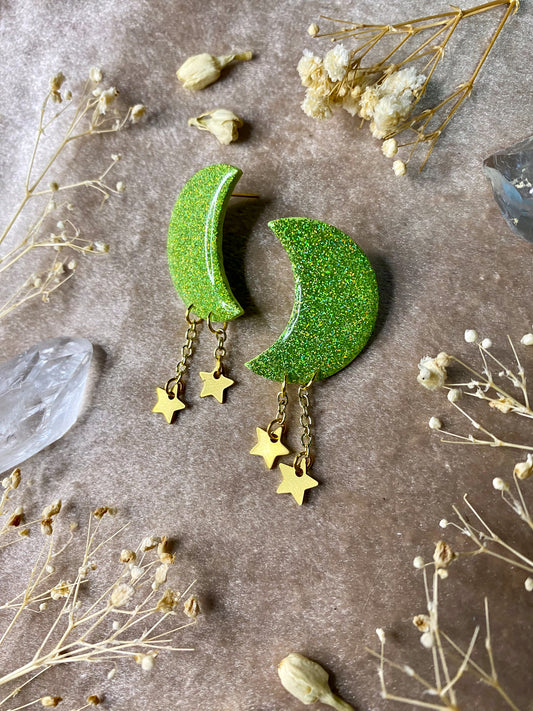 holographic moon polymer clay and resin dangle glitter earrings