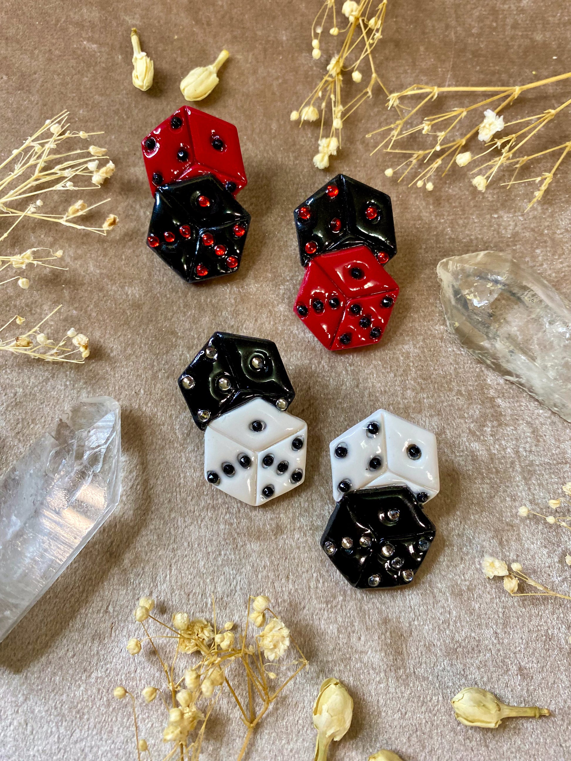 jeweled dice polymer clay and resin tattoo inspired dangle earrings