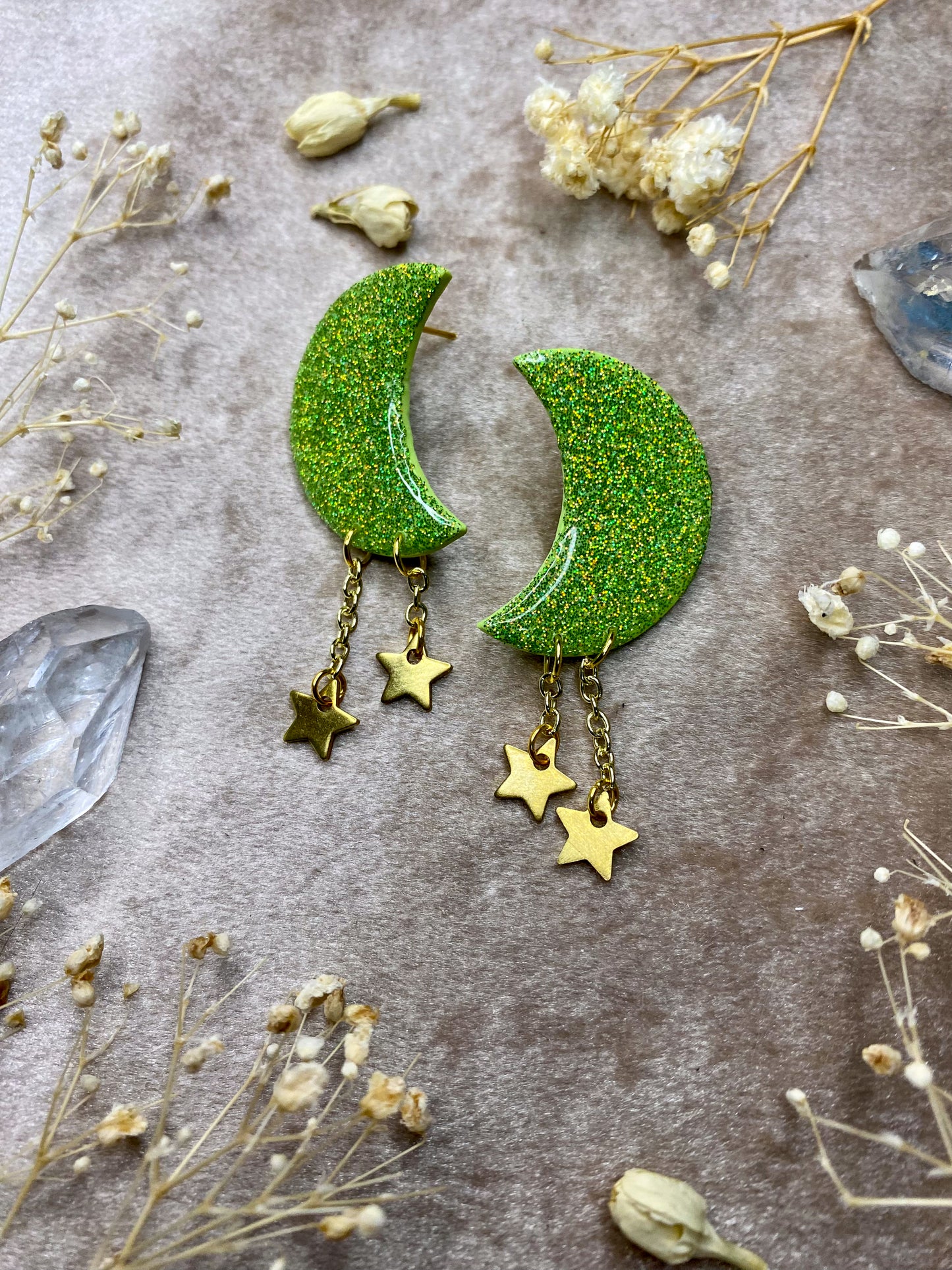 Neon Green Holographic Moon Stud Dangle Earrings