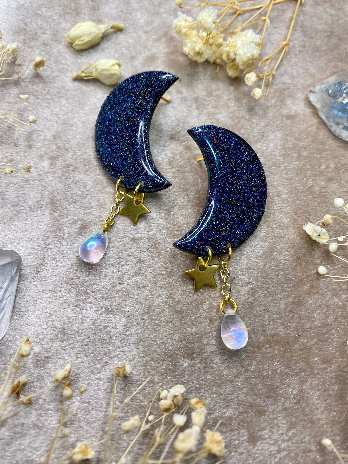 polymer clay and resin holographic moon stud dangle earrings