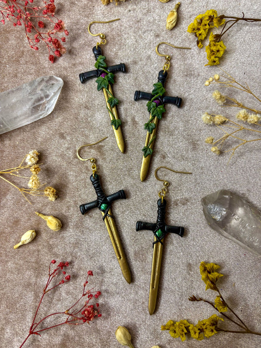 Gold Long Sword Earrings