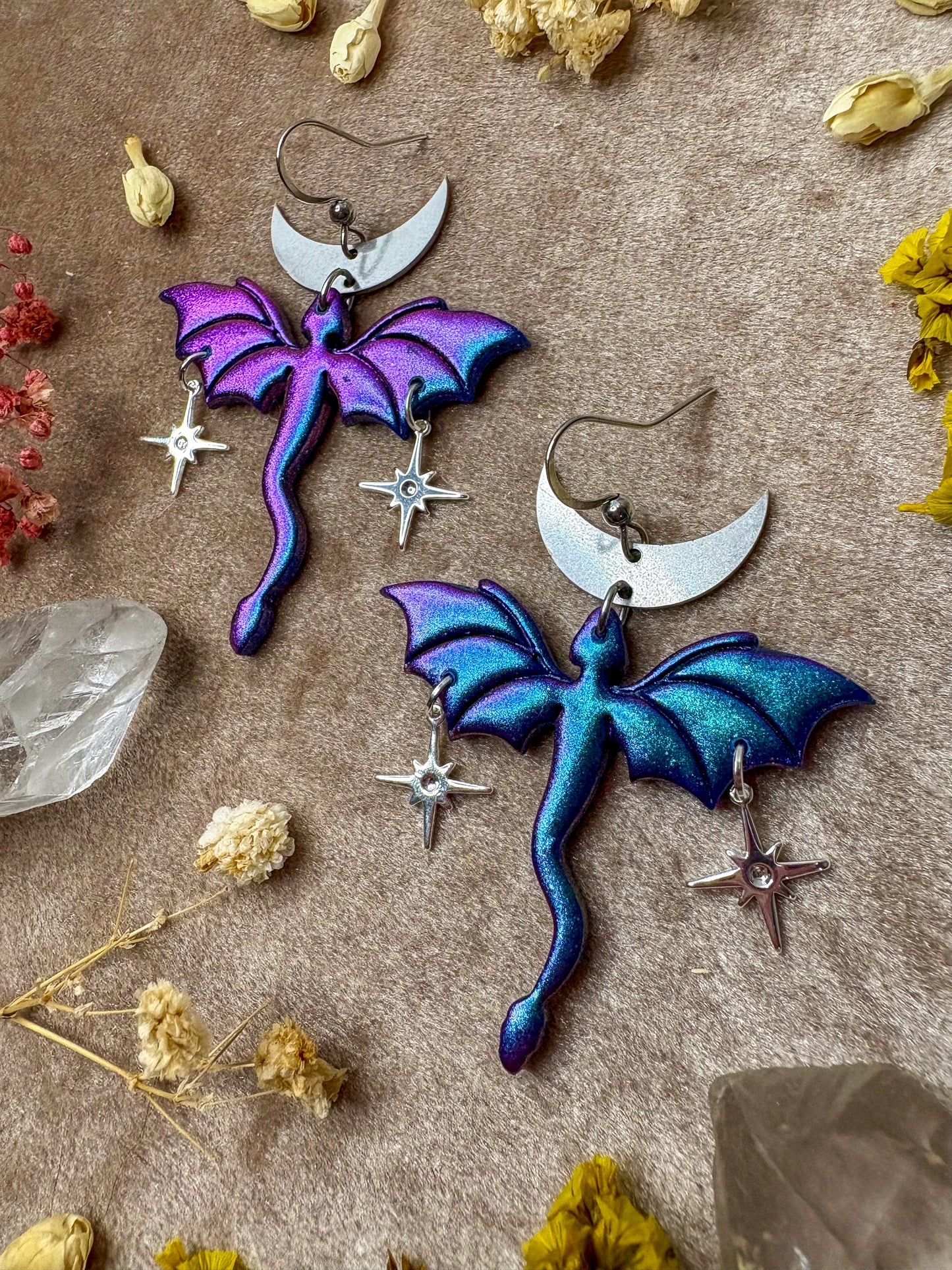 Dragon in Flight Earrings - Blue/Purple Colorshift