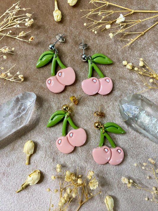 pink cherry polymer clay and resin tattoo inspired dangle earrings