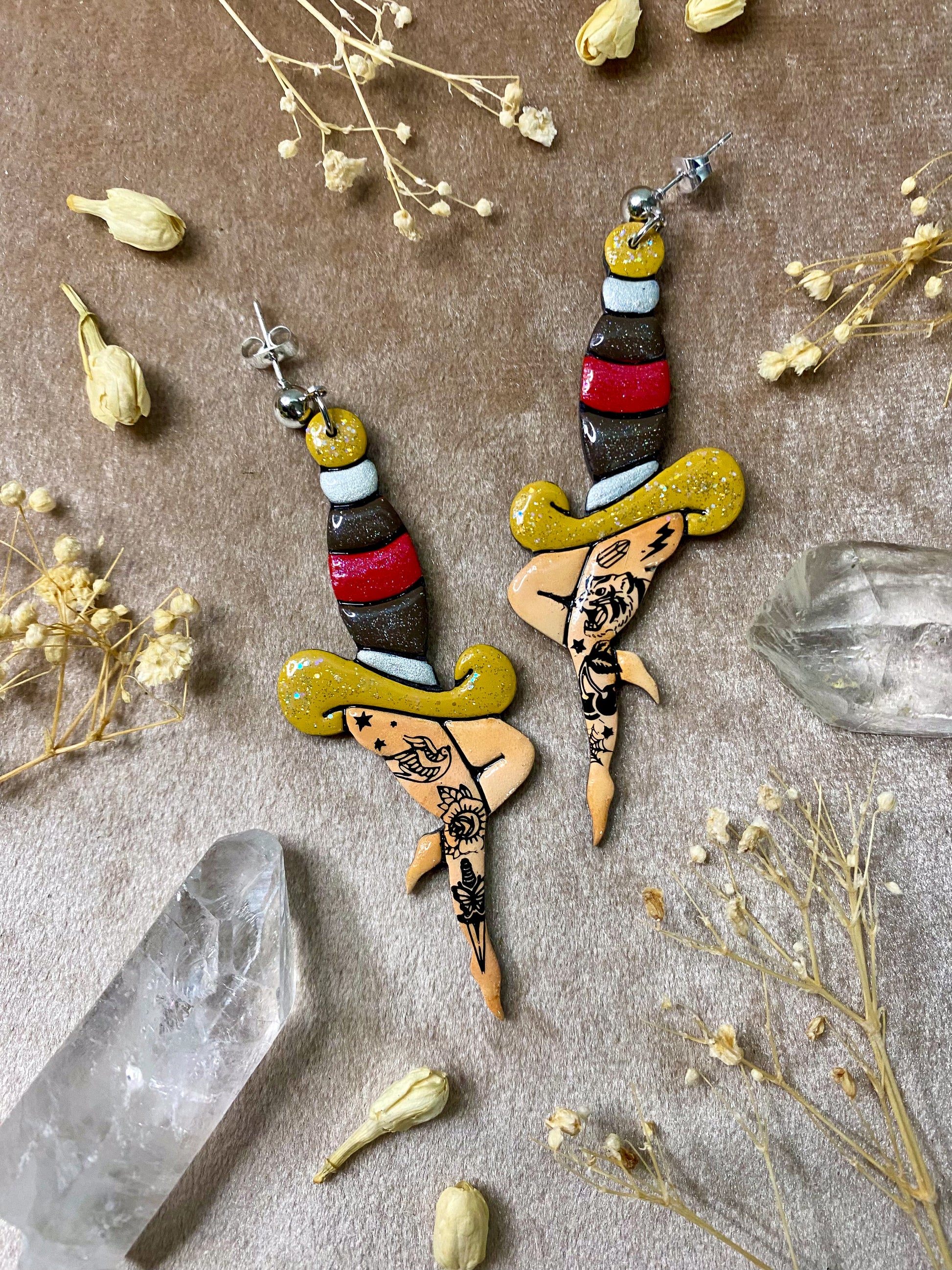 dagger tattooed legs polymer clay and resin tattoo inspired dangle earrings