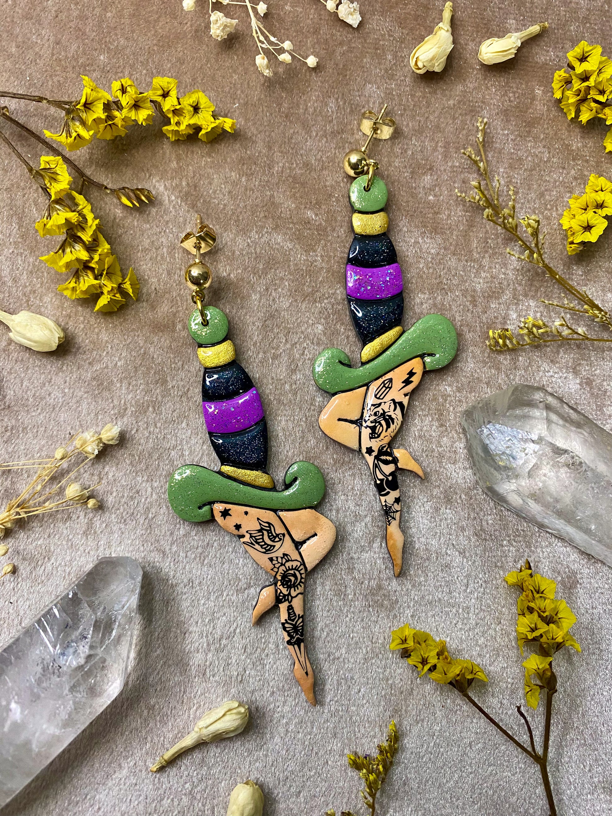 tattooed dagger legs polymer clay and resin tattoo inspired dangle earrings