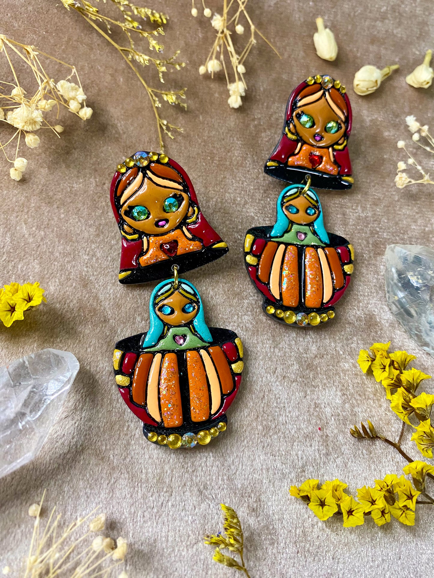 matryoshka russian nesting dolls polymer clay and resin tattoo inspired dangle earrings