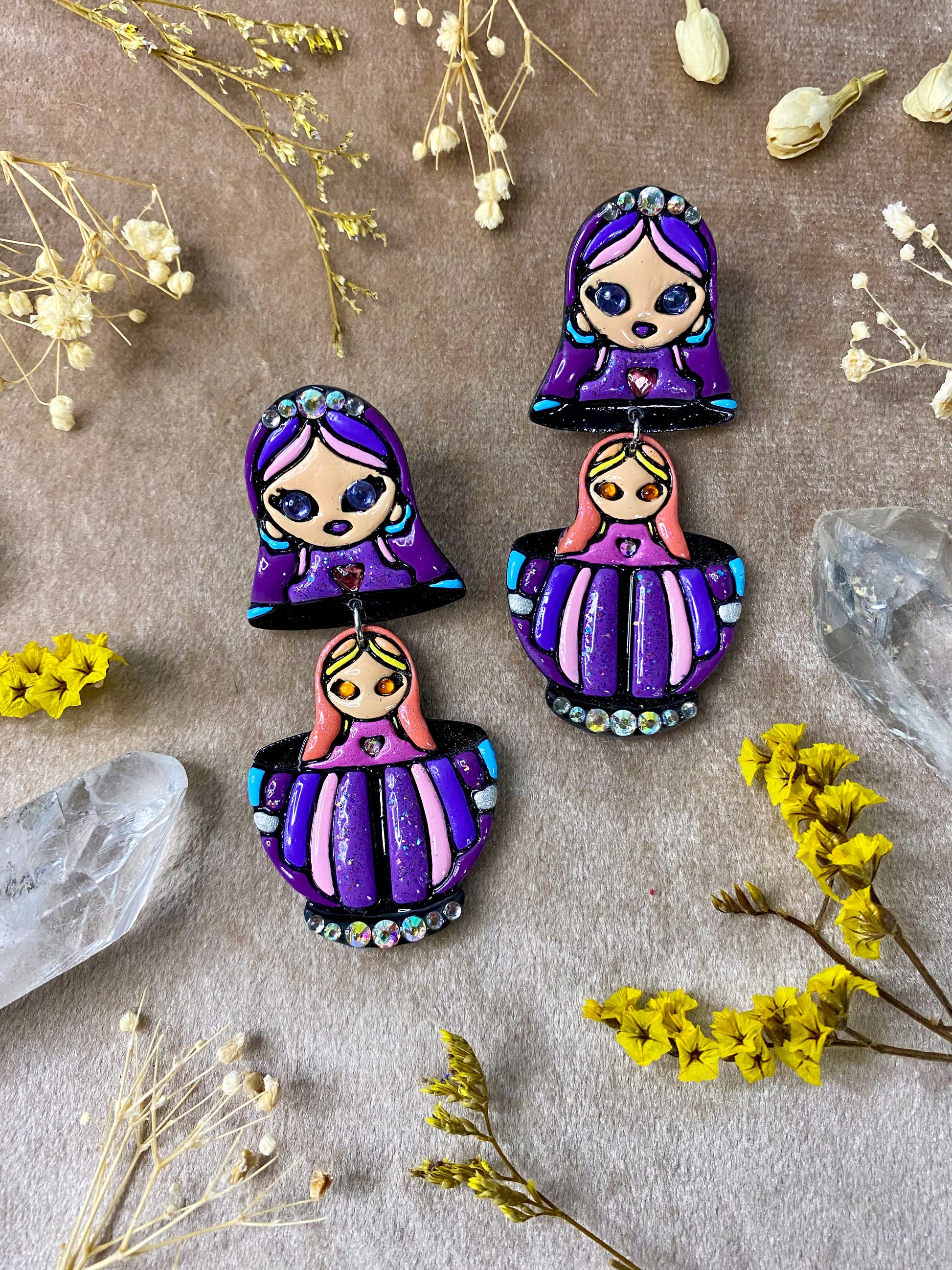 purple matryoshka russian doll polymer clay and resin tattoo inspired dangle earrings