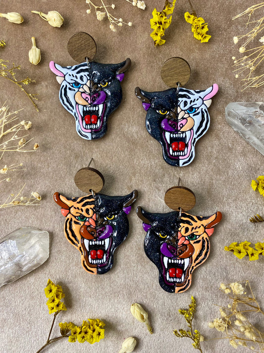 half jaguar half tiger polymer clay and resin tattoo inspired dangle earrings