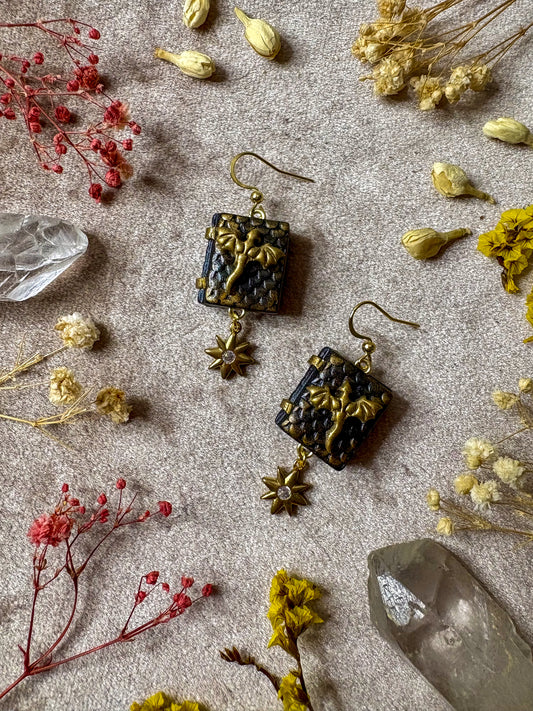 Black and Gold Dragon Book Earrings